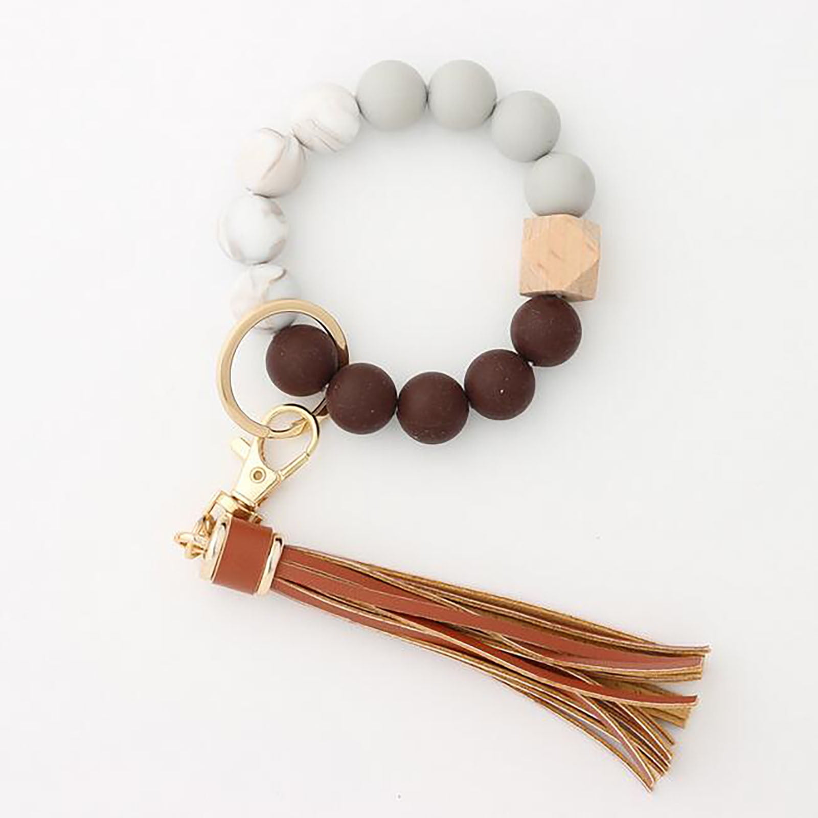 JWDX Ring, Hangs Clearance! Silicone Key Ring Bracelet, Women Beaded Bangle Keychain Wristlet Leather Tassel F A - Image 2