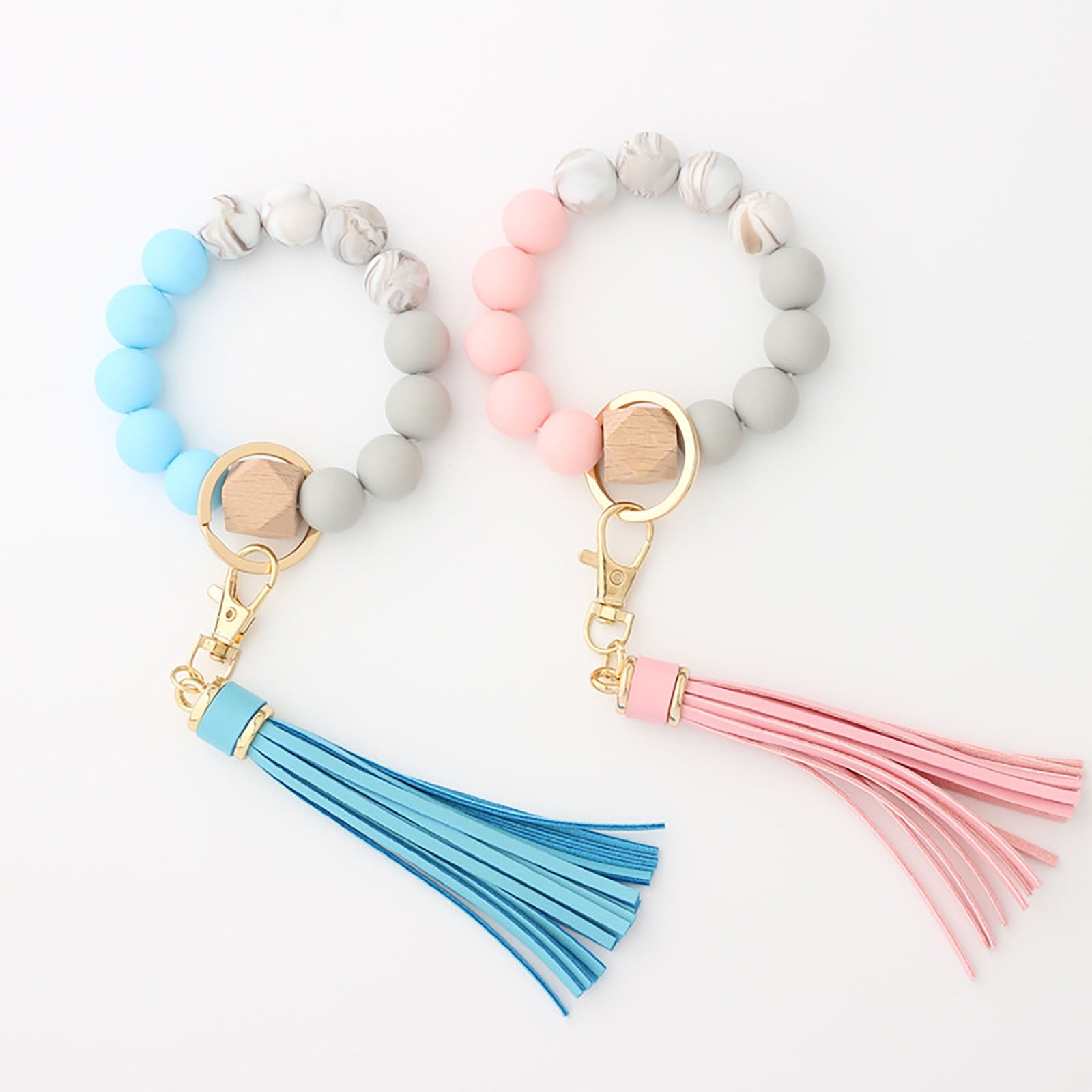 JWDX Ring, Hangs Clearance! Silicone Key Ring Bracelet, Women Beaded Bangle Keychain Wristlet Leather Tassel F A - Image 3