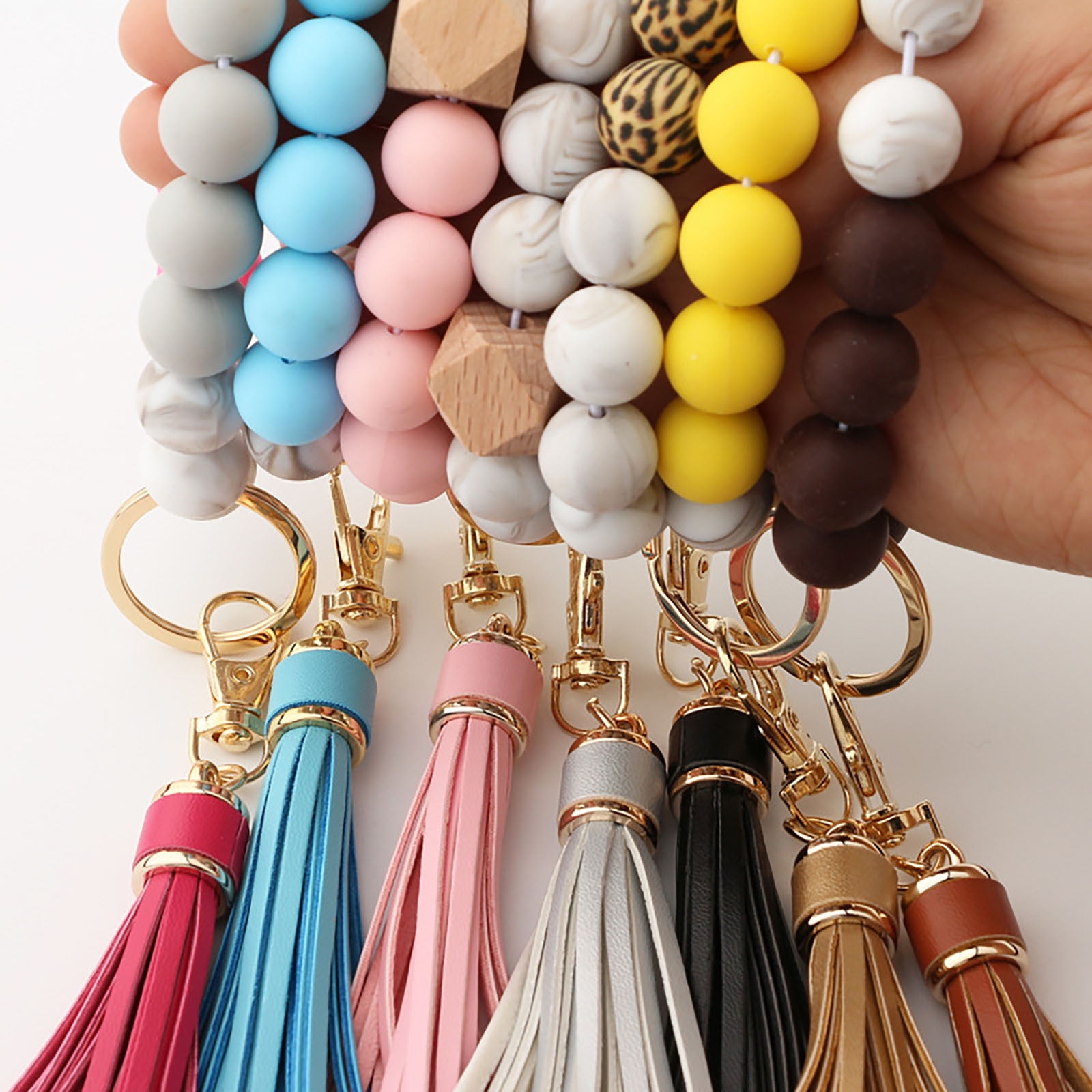 JWDX Ring, Hangs Clearance! Silicone Key Ring Bracelet, Women Beaded Bangle Keychain Wristlet Leather Tassel F A - Image 4