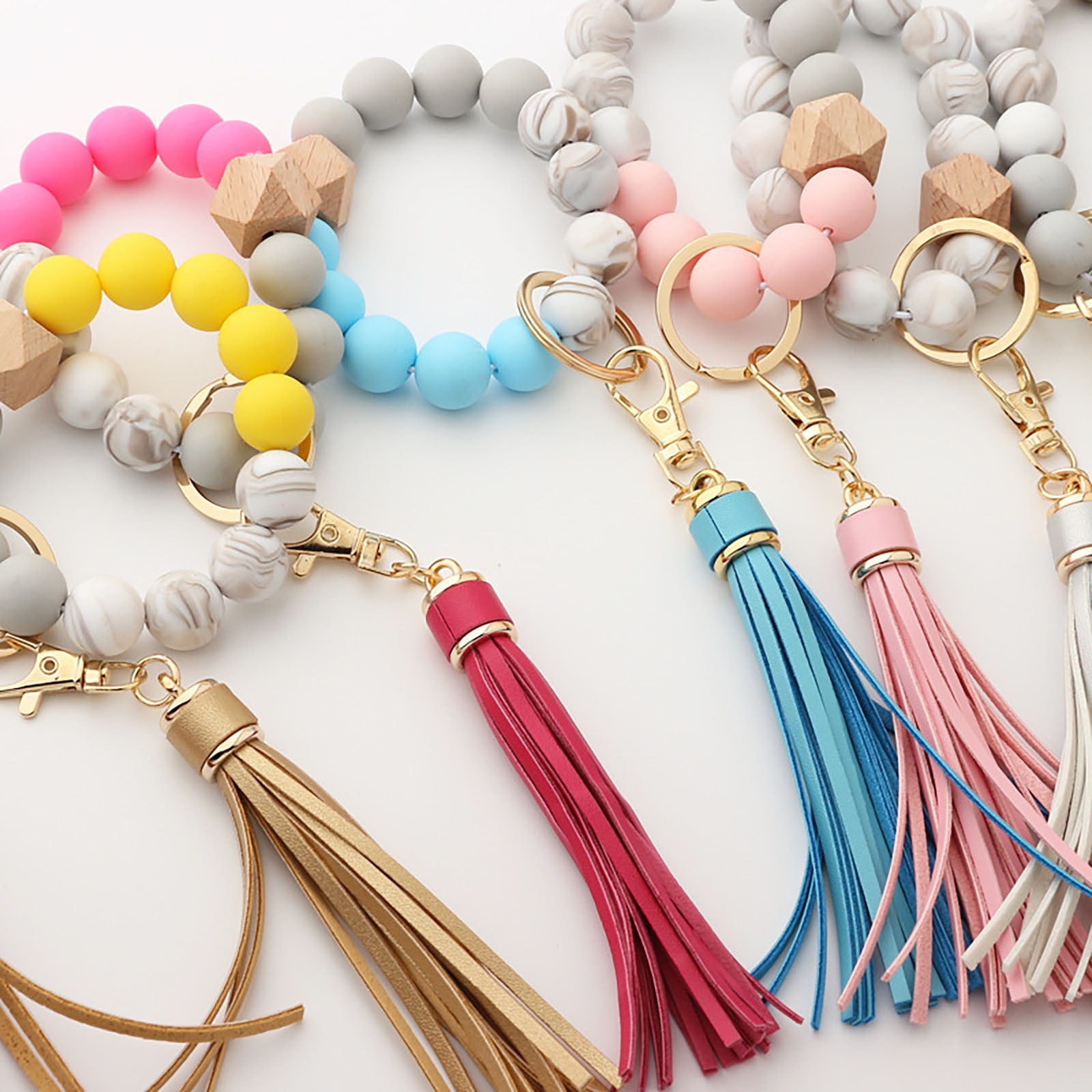 JWDX Ring, Hangs Clearance! Silicone Key Ring Bracelet, Women Beaded Bangle Keychain Wristlet Leather Tassel F A - Image 6