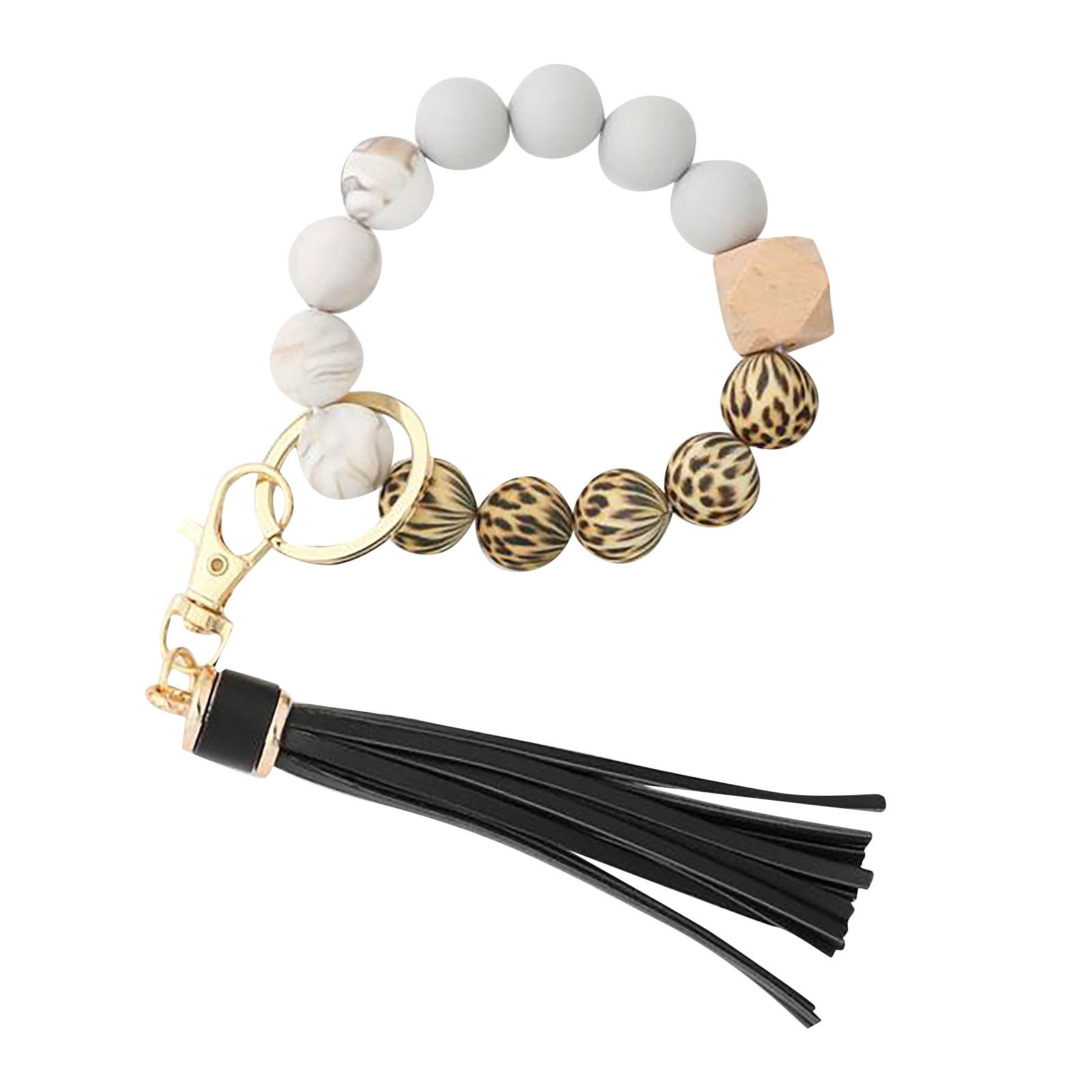 JWDX Ring, Hangs Clearance! Silicone Key Ring Bracelet, Women Beaded Bangle Keychain Wristlet Leather Tassel F - Image 1