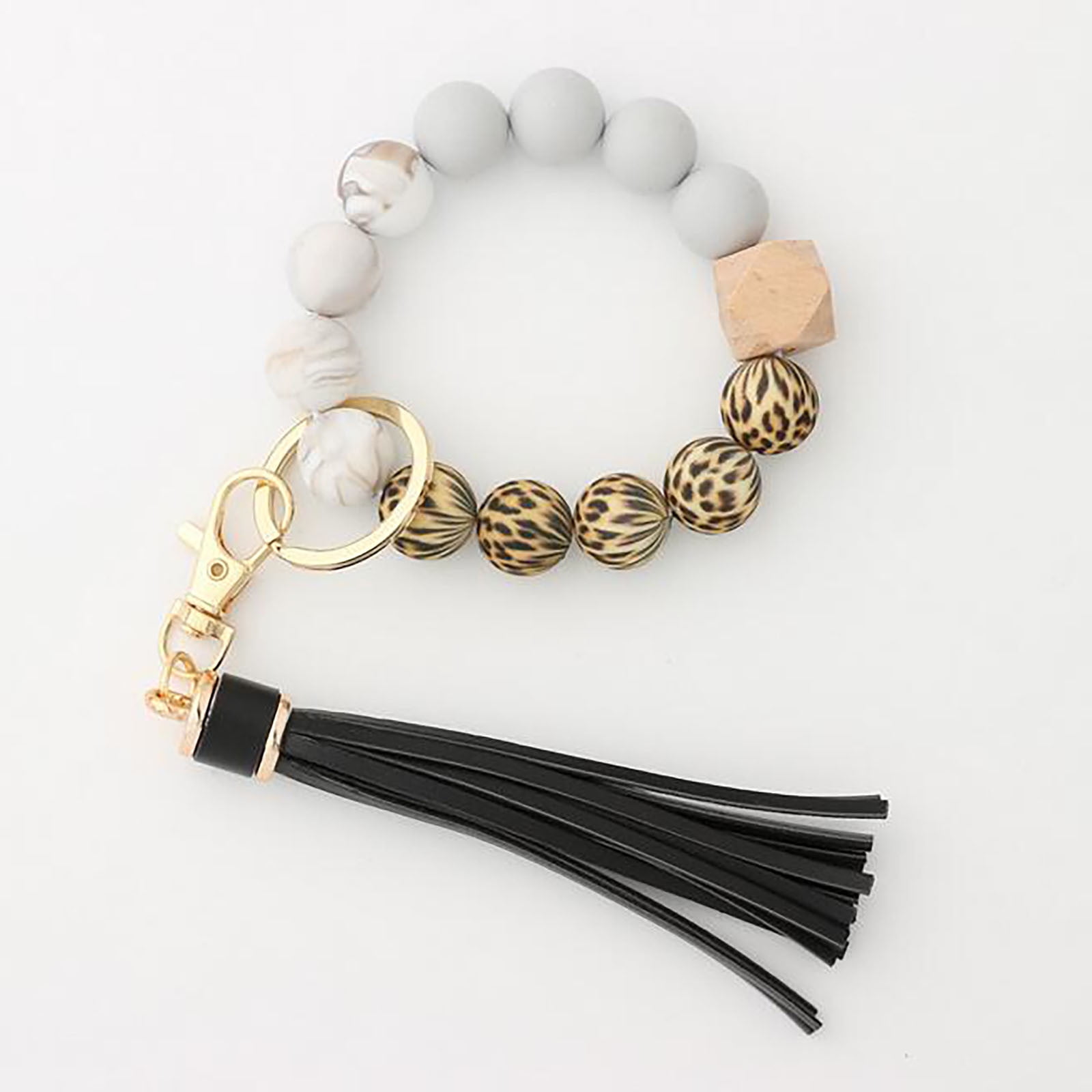 JWDX Ring, Hangs Clearance! Silicone Key Ring Bracelet, Women Beaded Bangle Keychain Wristlet Leather Tassel F - Image 2