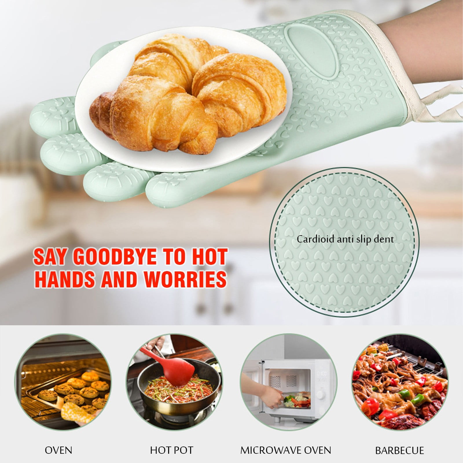 JWDX Silicone Smoker Oven Gloves -Extreme Heat Resistant Bbq Gloves -Handle Hot Food Right on Your Grill Fryer Pit|Waterproof Oven Mitts Z3-Mint Green - Image 4