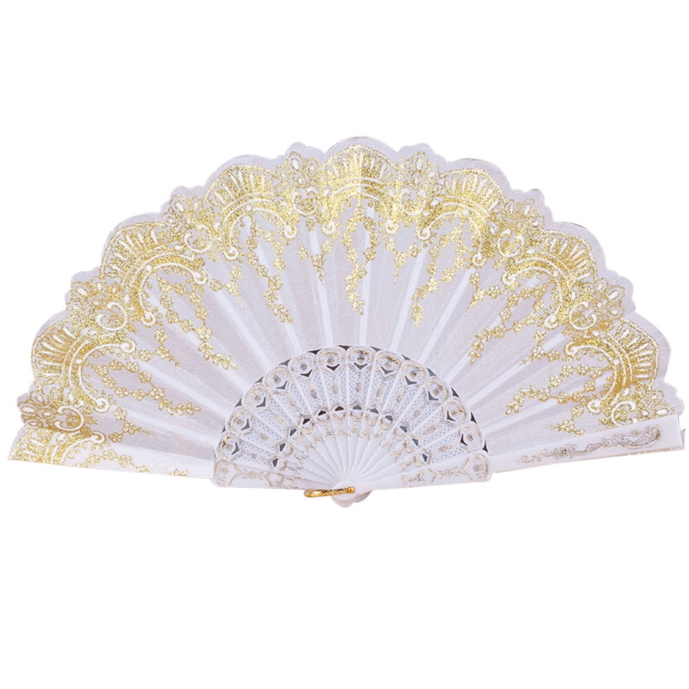 JWDX Folding Fan Clearance, Chinese Style Dance Wedding Party Lace Silk Folding Hand Held Flower Fan White White - Image 1
