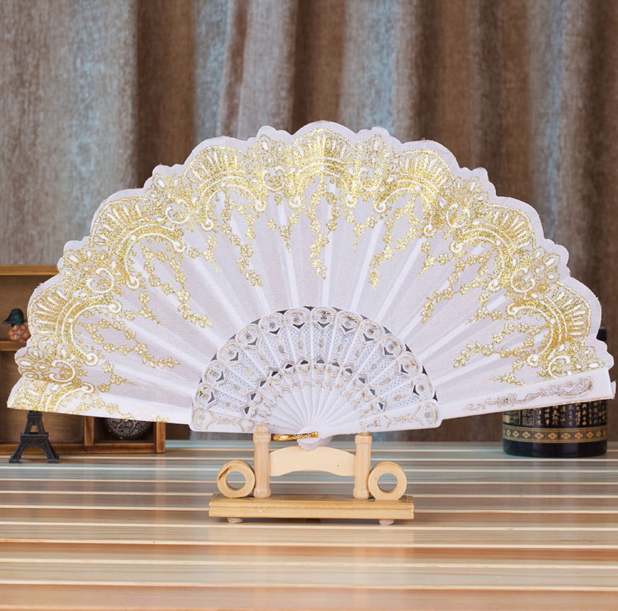 JWDX Folding Fan Clearance, Chinese Style Dance Wedding Party Lace Silk Folding Hand Held Flower Fan White White - Image 2