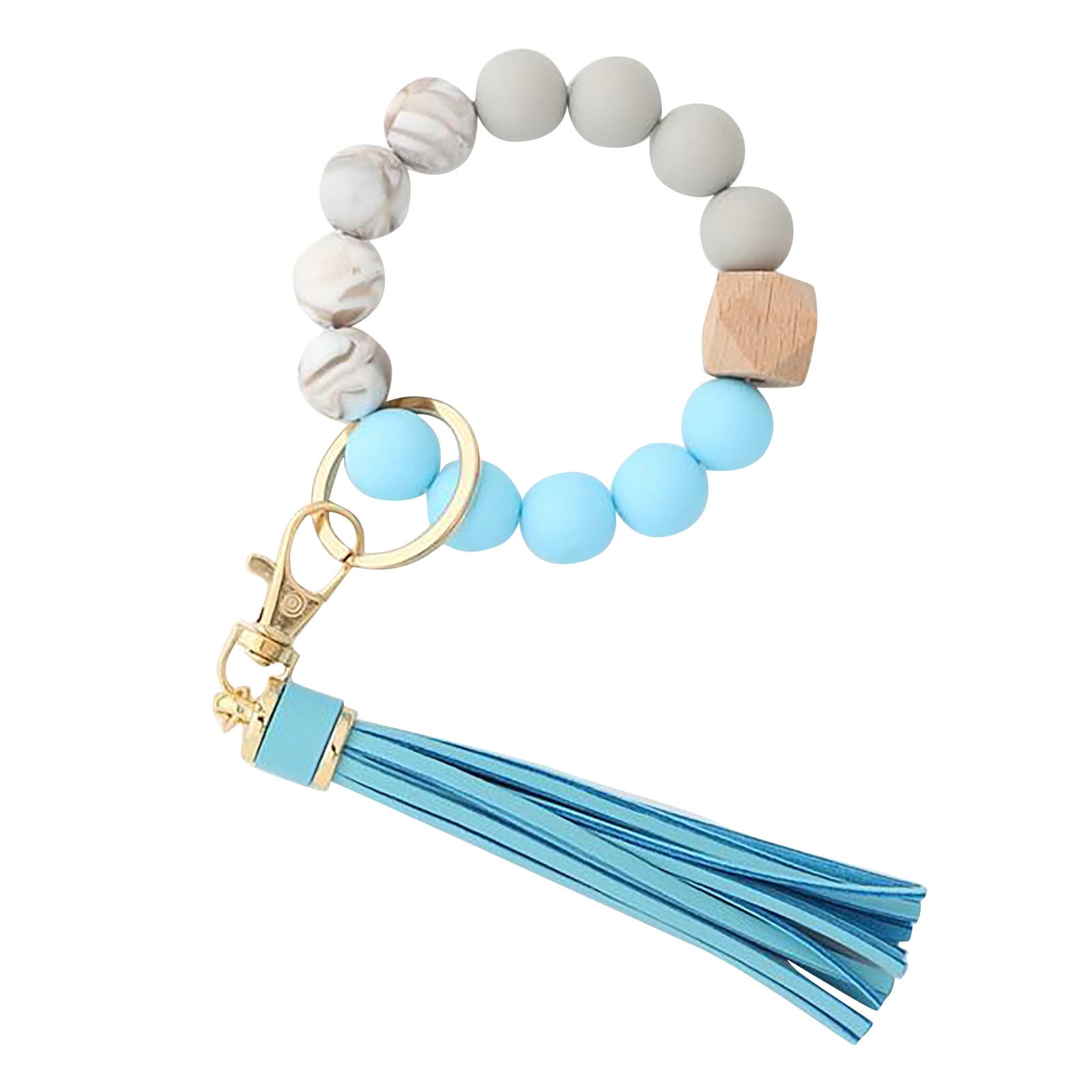 Clearance! JWDX Hanging Ornament Clearance Silicone Key Ring Bracelet, Women Beaded Bangle Keychain Wristlet Leather Tassel B - Image 1