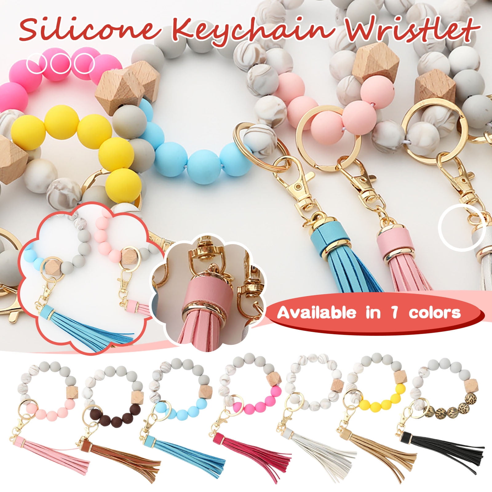 Clearance! JWDX Hanging Ornament Clearance Silicone Key Ring Bracelet, Women Beaded Bangle Keychain Wristlet Leather Tassel B - Image 3