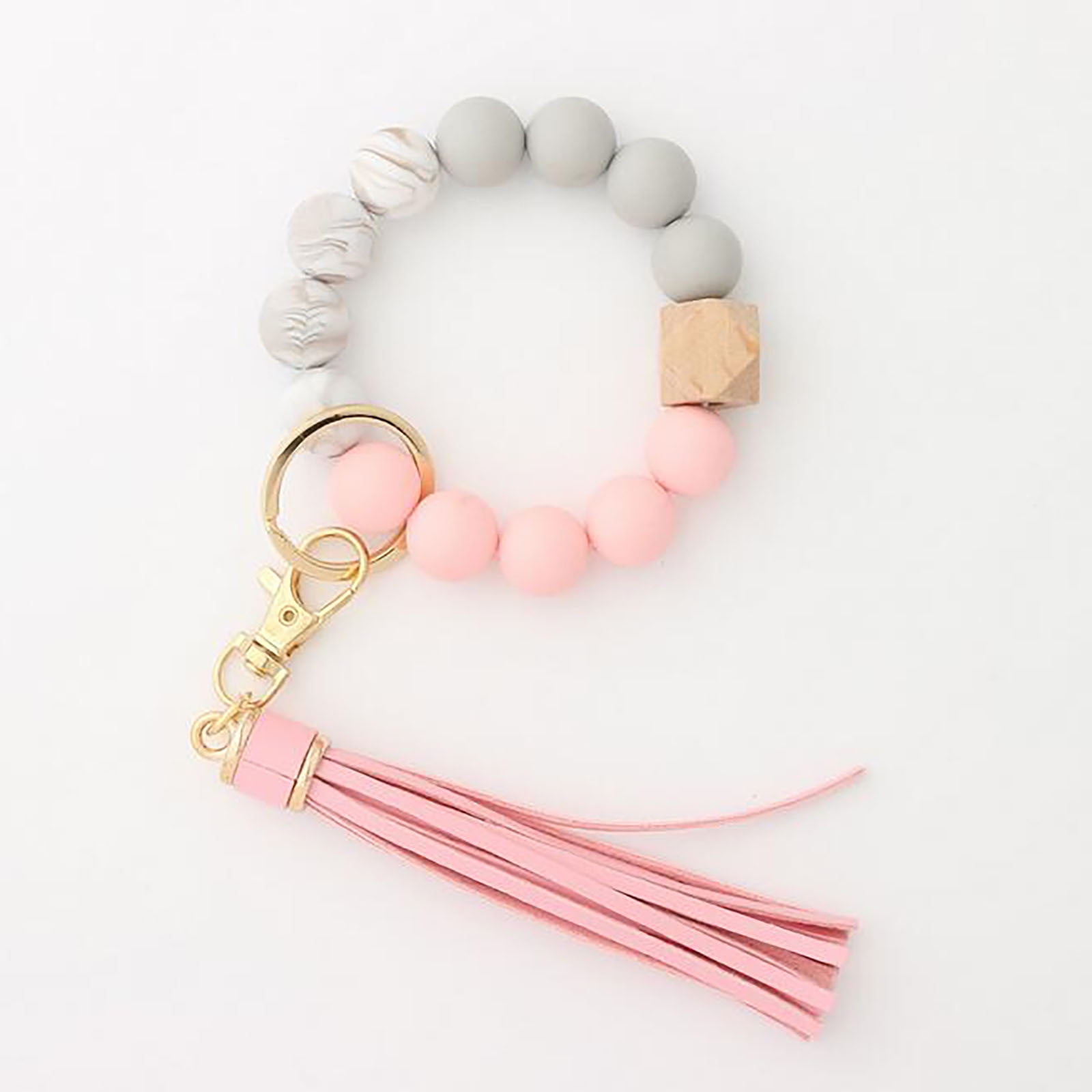 Clearance! JWDX Hanging Ornament Clearance Silicone Key Ring Bracelet, Women Beaded Bangle Keychain Wristlet Leather Tassel G - Image 2