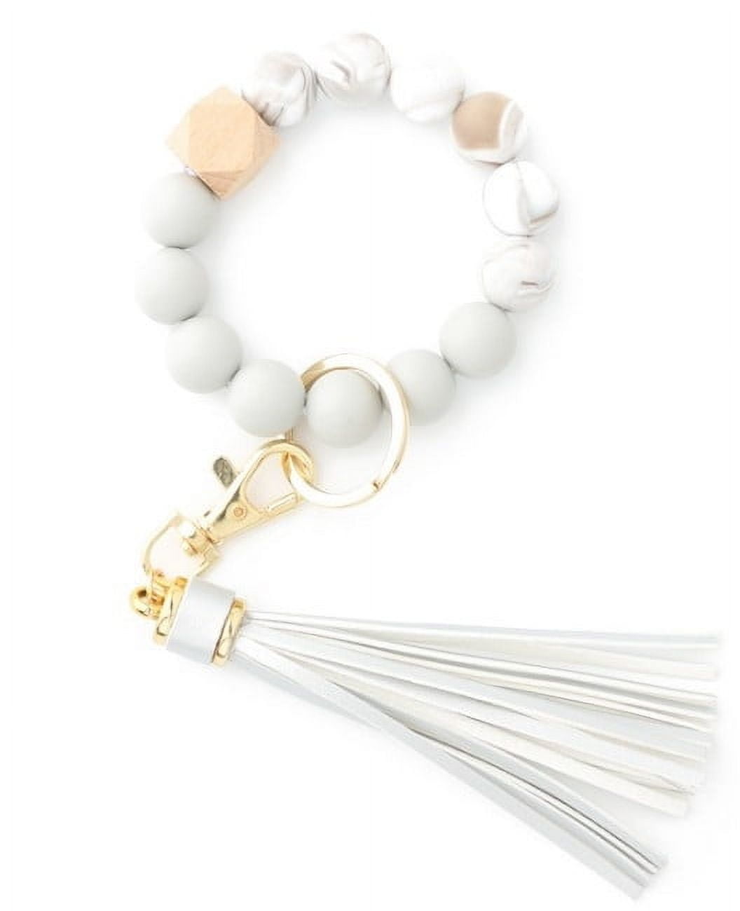 Clearance! JWDX Hanging Ornament Clearance Silicone Key Ring Bracelet, Women Beaded Bangle Keychain Wristlet Leather Tassel White - Image 2