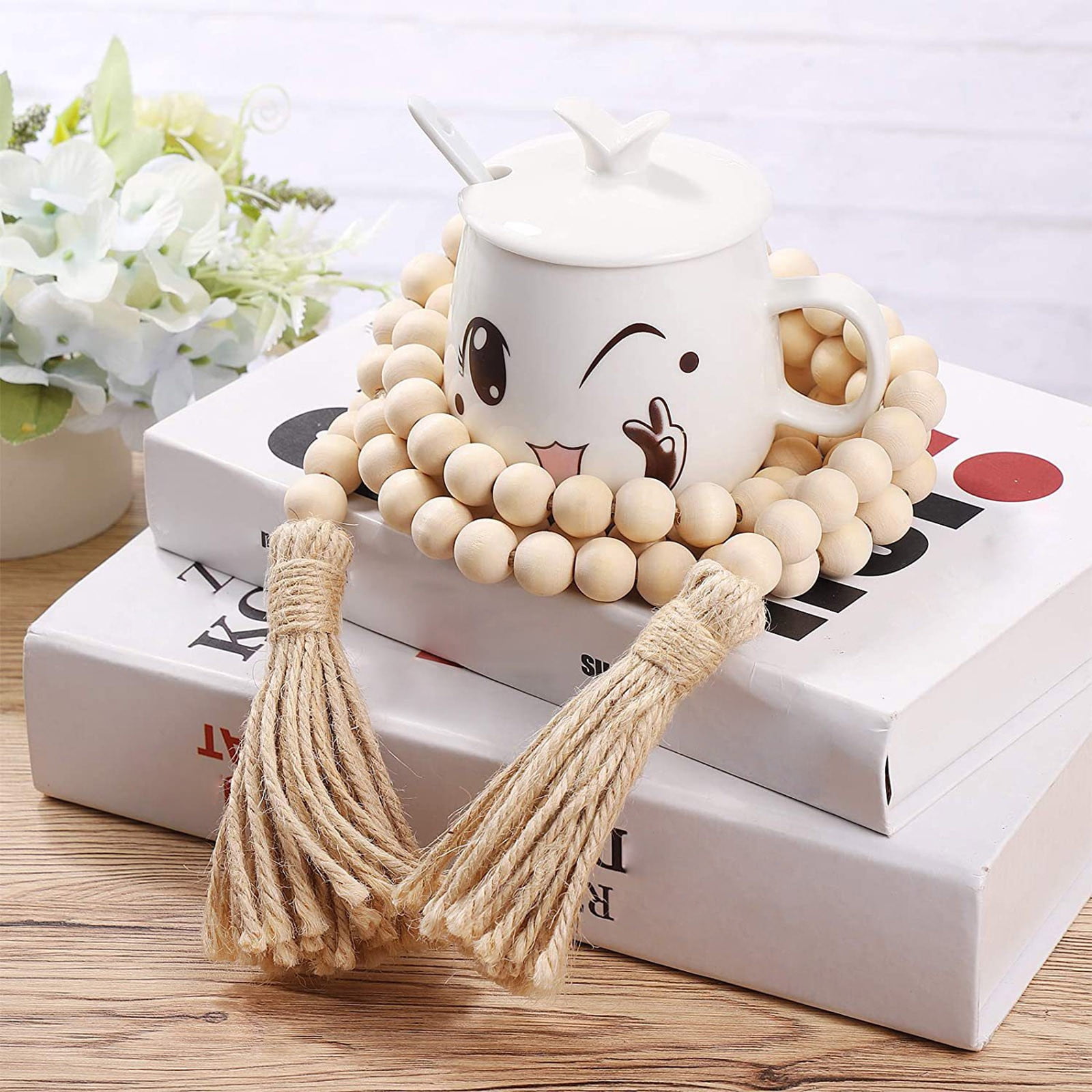 Clearance! JWDX Twine Beaded, Desktop Ornament Promotion, 58In Wood Bead Garland with Tassels Farmhouse Beads Rustic Nature Country Decor Prayer Boho Beads Wall Hanging Decoration Beige - Image 2