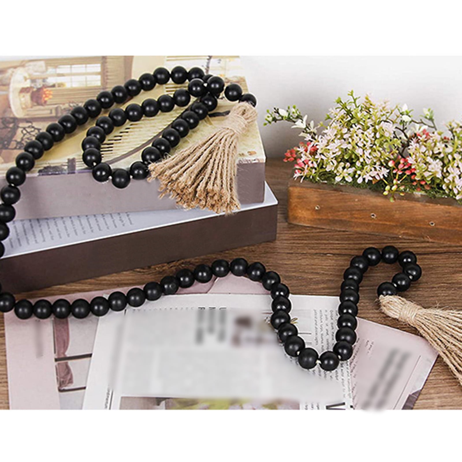 Clearance! JWDX Twine Beaded, Desktop Ornament Promotion, 58In Wood Bead Garland with Tassels Farmhouse Beads Rustic Nature Country Decor Prayer Boho Beads Wall Hanging Decoration Beige Black - Image 2