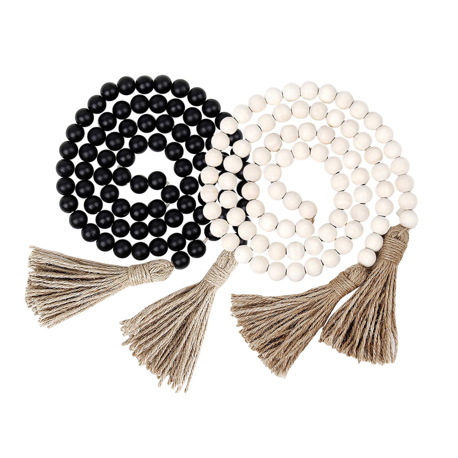 Clearance! JWDX Twine Beaded, Desktop Ornament Promotion, 58In Wood Bead Garland with Tassels Farmhouse Beads Rustic Nature Country Decor Prayer Boho Beads Wall Hanging Decoration Beige Black - Image 4
