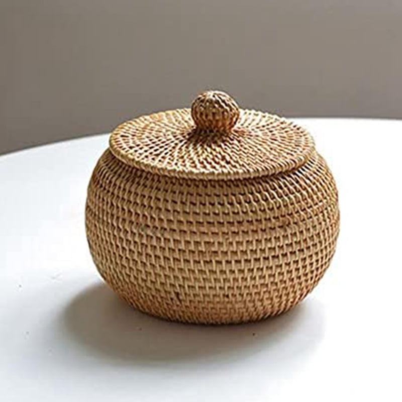 Round Rattan Box with Lid, Hand Woven Storage Box, Multifunctional Desktop Tray Storage Basket Decoration for Home - Image 1