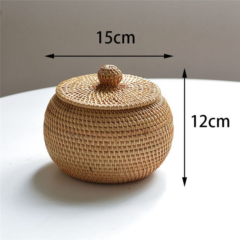 Round Rattan Box with Lid, Hand Woven Storage Box, Multifunctional Desktop Tray Storage Basket Decoration for Home - Image 2