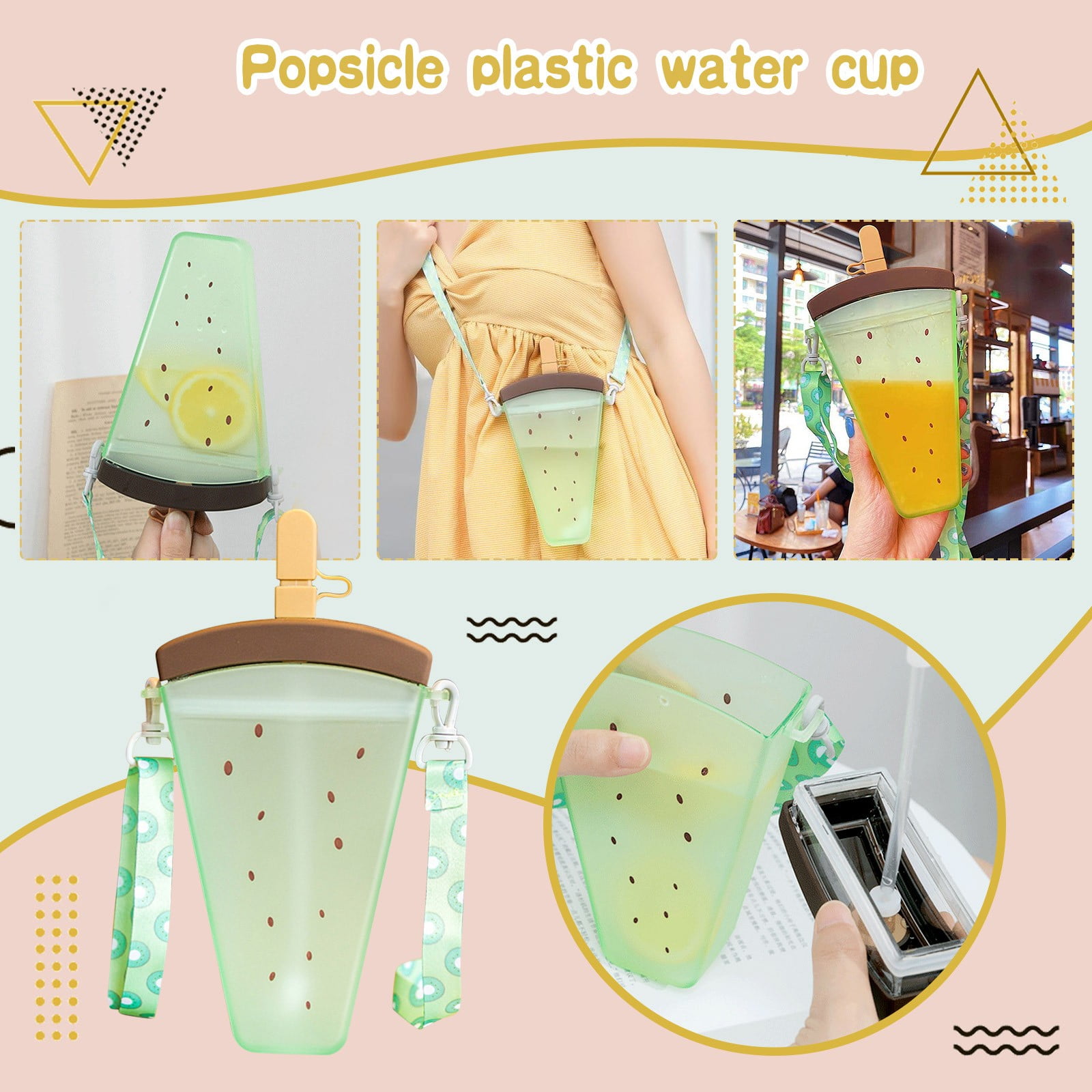 JWDX Glass and Bottle Clearance! Cute Watermelon Straw Water Bottle Ice Cream Popsicle Cup with Shoulder Strap, Kitchen Cups Promotion Include 1Pc Ice Cream Cup Green - Image 2
