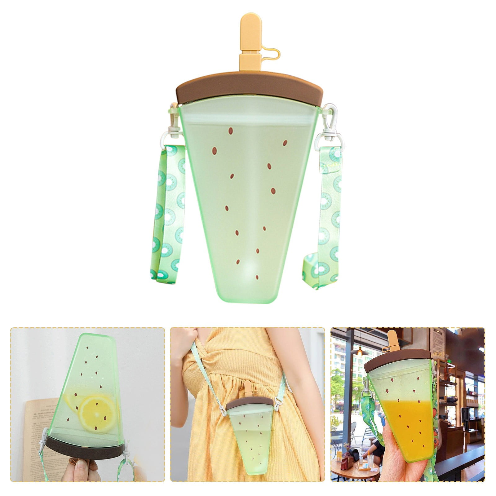 JWDX Glass and Bottle Clearance! Cute Watermelon Straw Water Bottle Ice Cream Popsicle Cup with Shoulder Strap, Kitchen Cups Promotion Include 1Pc Ice Cream Cup Green - Image 3