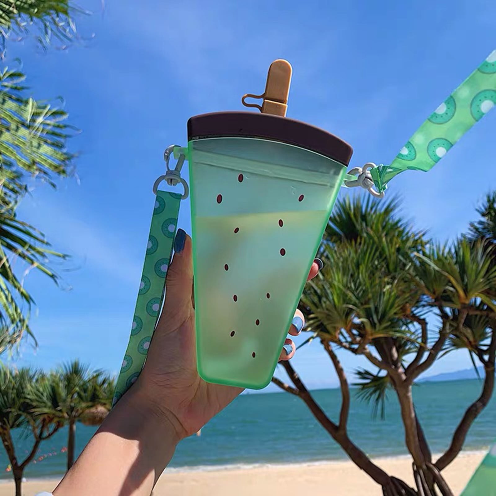 JWDX Glass and Bottle Clearance! Cute Watermelon Straw Water Bottle Ice Cream Popsicle Cup with Shoulder Strap, Kitchen Cups Promotion Include 1Pc Ice Cream Cup Green - Image 5
