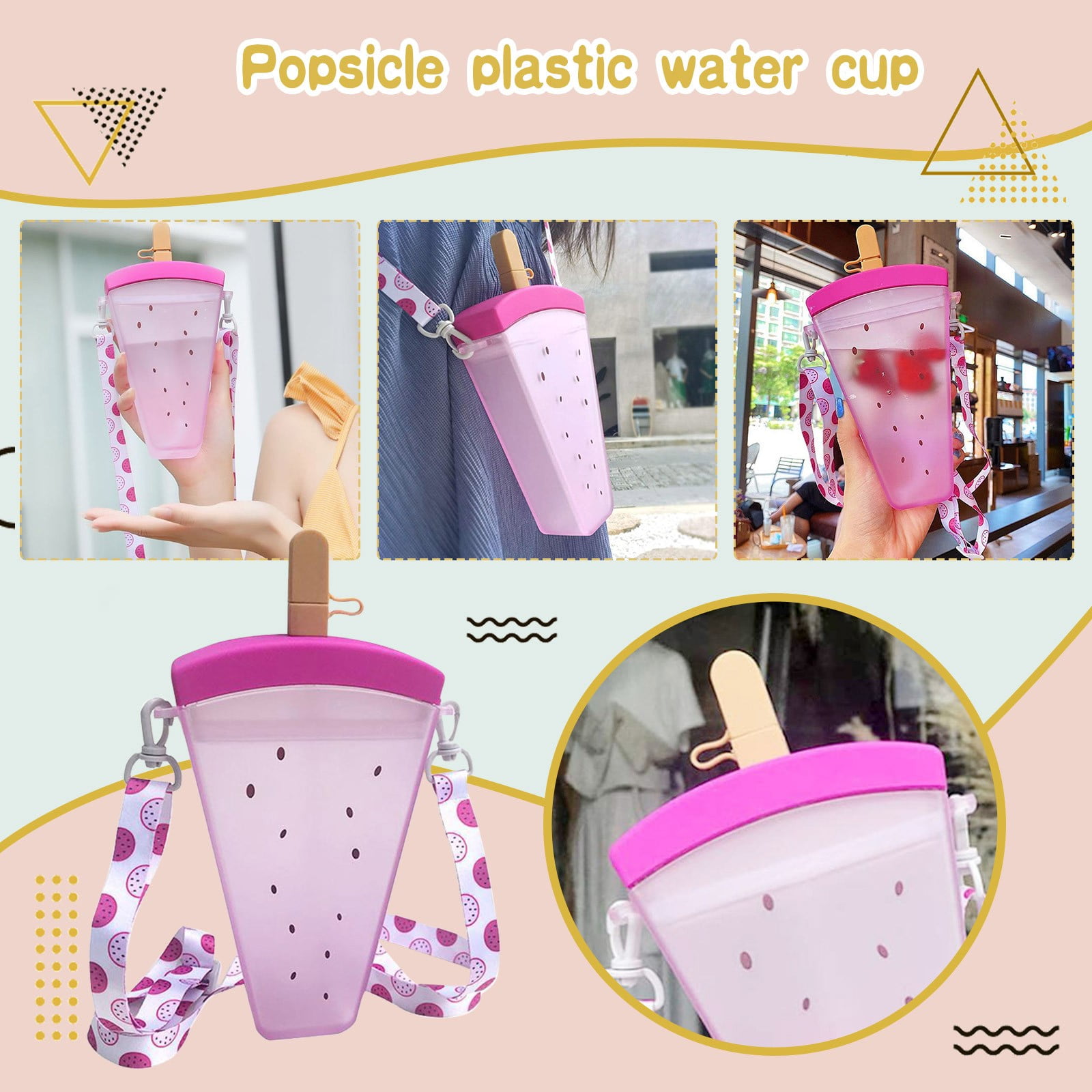 JWDX Glass and Bottle Clearance! Cute Watermelon Straw Water Bottle Ice Cream Popsicle Cup with Shoulder Strap, Kitchen Cups Promotion Include 1Pc Ice Cream Cup Purple - Image 2