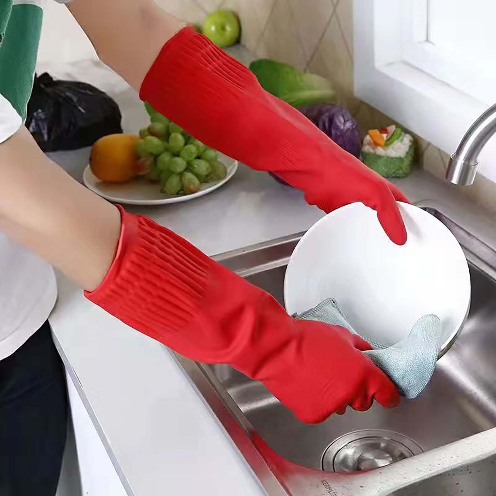 JWDX Oven Mitts Clearance! 2 Pairs Reusable Household Gloves Rubber Dishwashing Gloves Extra Thick Long Sleeves Kitchen Cleaning Working Painting Gardening Pet Care, Include Two Pairs of Gloves Red - Image 4