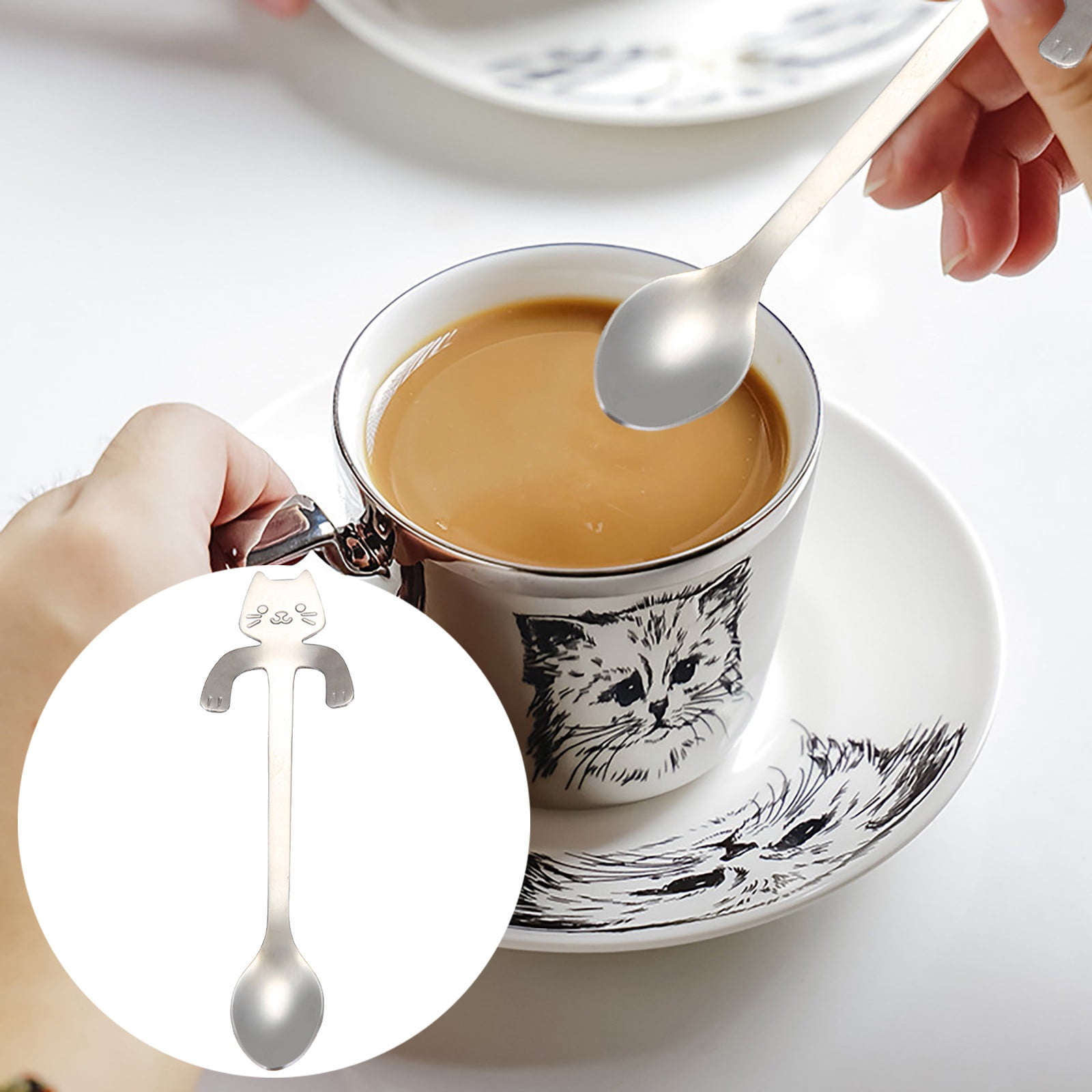 JWDX Tableware Clearance! Cat Spoon Short Handle Spoons Flatware Coffee Drinking Tools Kitchen Gadge, Stainless Steel Bowl Promotion Include 1X Spoon A - Image 2