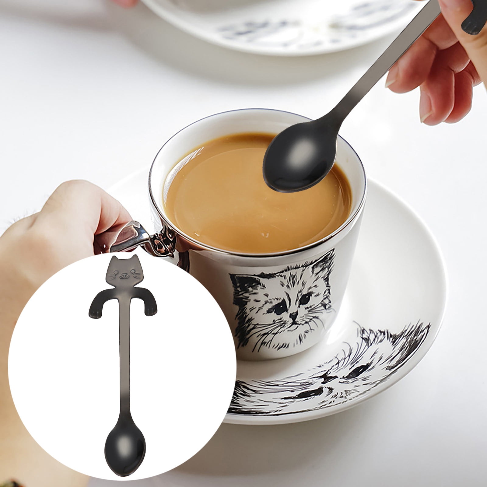 JWDX Tableware Clearance! Cat Spoon Short Handle Spoons Flatware Coffee Drinking Tools Kitchen Gadge, Stainless Steel Bowl Promotion Include 1X Spoon E - Image 2