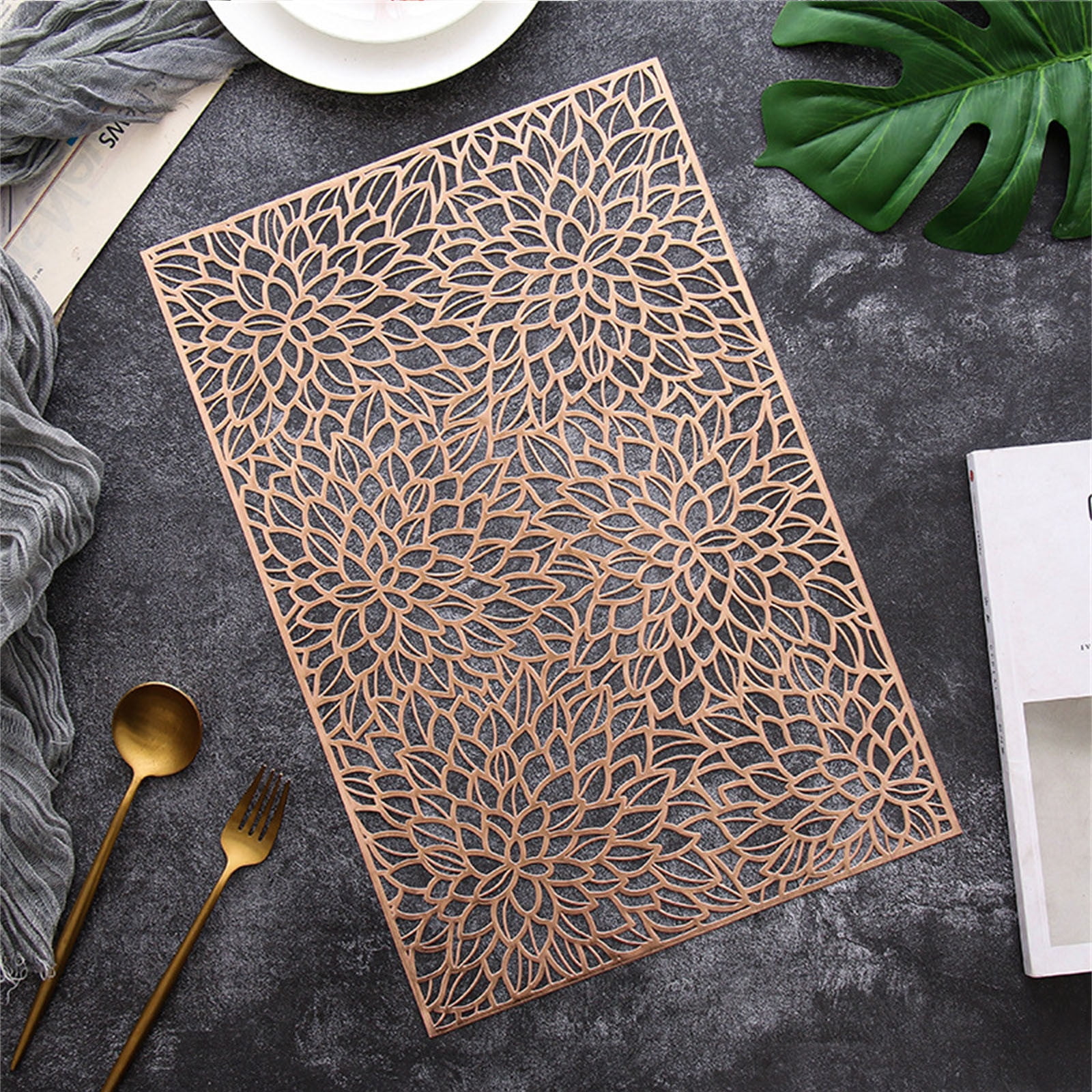 JWDX Placemat Clearance! Rectangular Flower Pvc Placemat Home Daily Table Decoration Pvc Hot Gold Placemat, Kitchen Mat Promotion Include 6*Placemat Rose Gold - Image 2