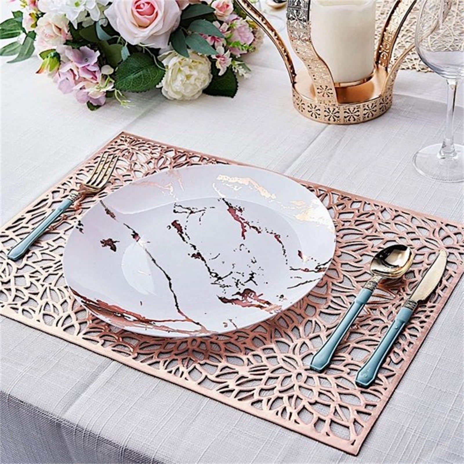 JWDX Placemat Clearance! Rectangular Flower Pvc Placemat Home Daily Table Decoration Pvc Hot Gold Placemat, Kitchen Mat Promotion Include 6*Placemat Rose Gold - Image 4
