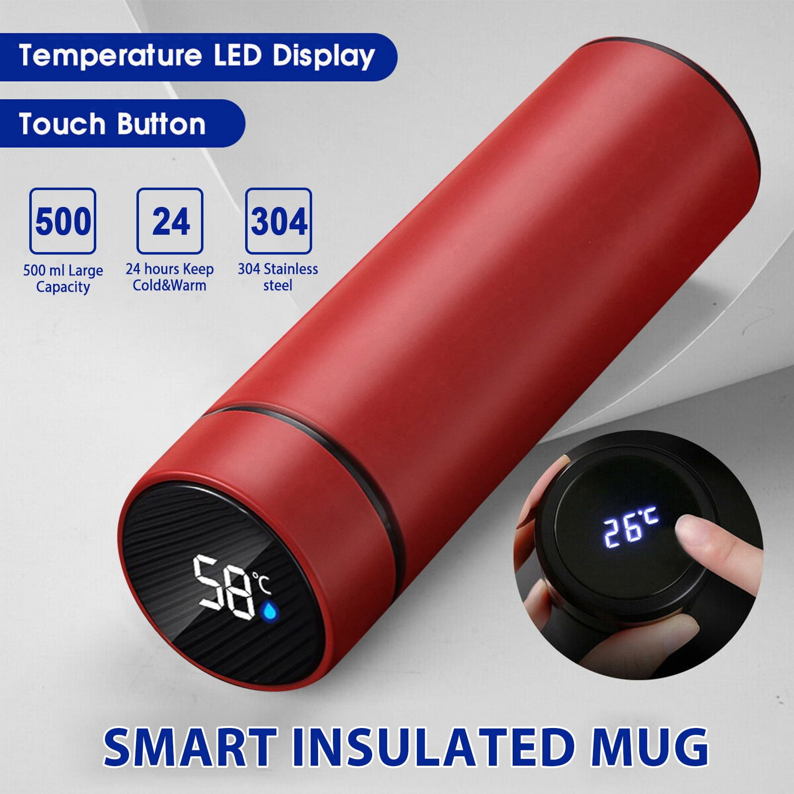 Clearance Back to School Supplies! JWDX Led Smart Touch Screen Temperature Measurement Thermos Cup Boutique Smart Display Series Inner 304 Material + Outer 201 Material 1Pc White Red - Image 2