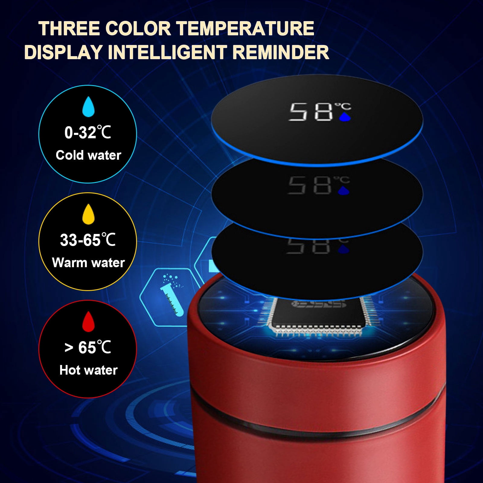 Clearance Back to School Supplies! JWDX Led Smart Touch Screen Temperature Measurement Thermos Cup Boutique Smart Display Series Inner 304 Material + Outer 201 Material 1Pc White Red - Image 3