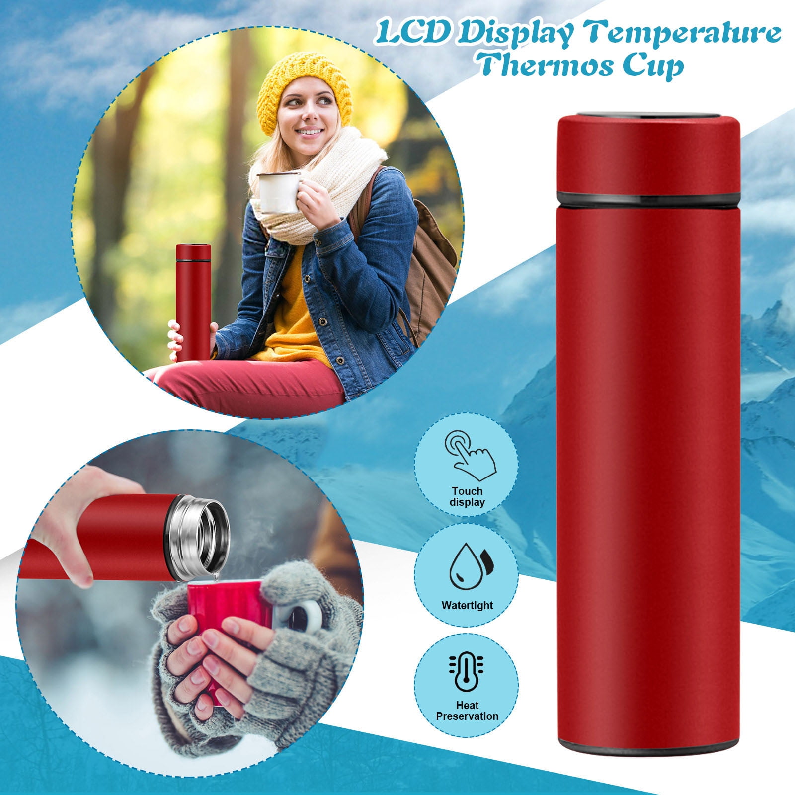 Clearance Back to School Supplies! JWDX Led Smart Touch Screen Temperature Measurement Thermos Cup Boutique Smart Display Series Inner 304 Material + Outer 201 Material 1Pc White Red - Image 5