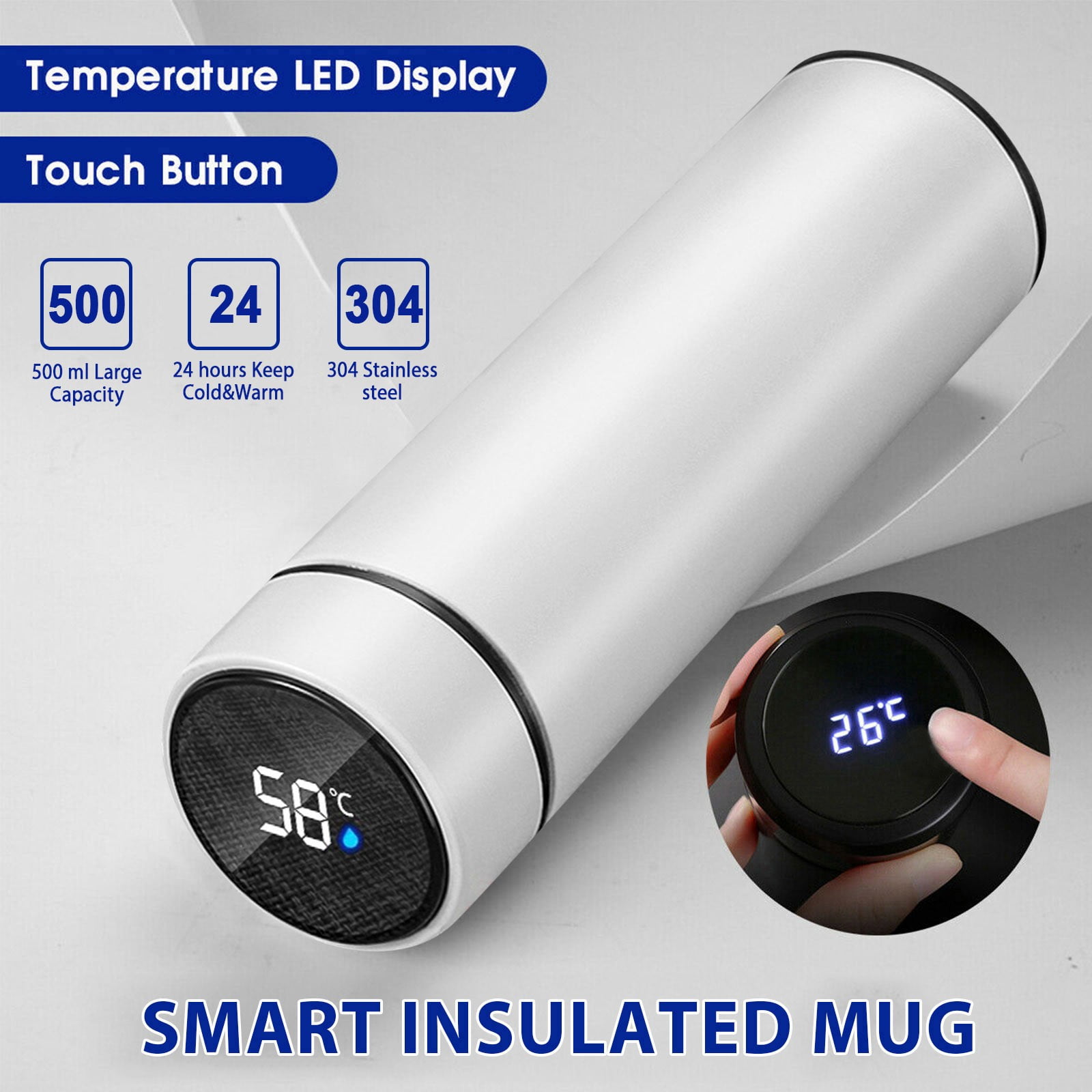 Clearance Back to School Supplies! JWDX Led Smart Touch Screen Temperature Measurement Thermos Cup Boutique Smart Display Series Inner 304 Material + Outer 201 Material 1Pc White - Image 2