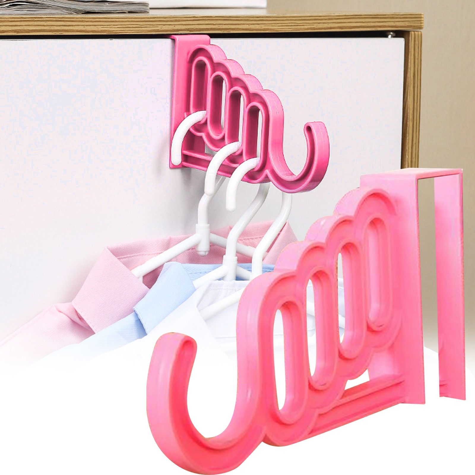 Clearance School Supplies! JWDX Hook Up, Basics Over the Door Organizer 5 Hook Rack for Coats Hats Robes Towels Bedroom Closet and Bathroom Home Wall Hanging Hook Rack Over Door Hat Clothes Holder Pink - Image 2
