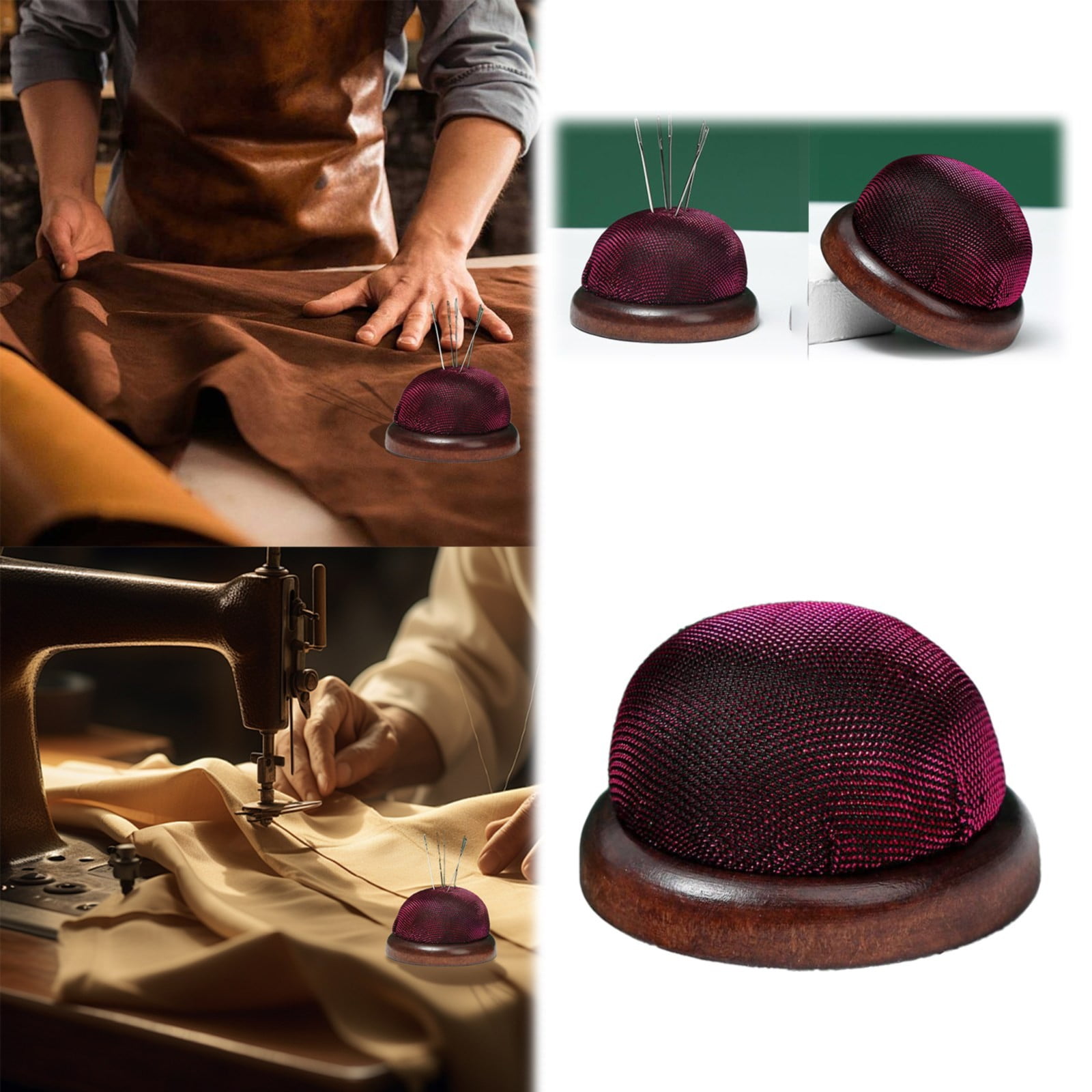 Smooth Round Pin Cushion! Eewia Needle and Thread Kit Clearance, Glossy Pin Cushion Wooden Base Needle Pincushion Round Pin Cushion for Sewing Needle Holder Or Diy Crafts, include 1*Pin Cushion Red - Image 2