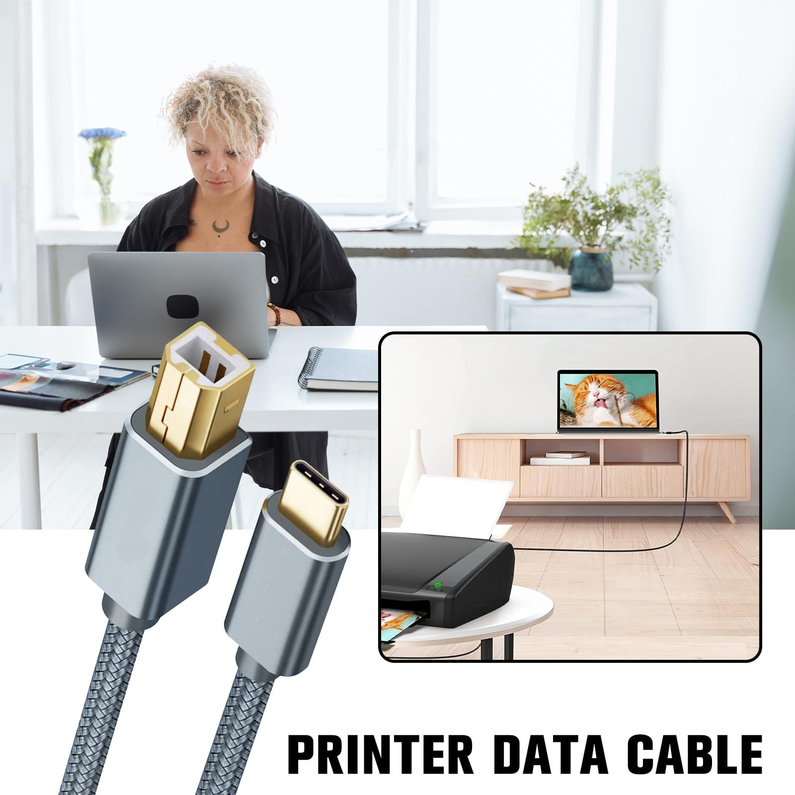 Wmool USB Type-C to USB B 2.0 Printer Cable Scanner Laptop; Gray - Image 3