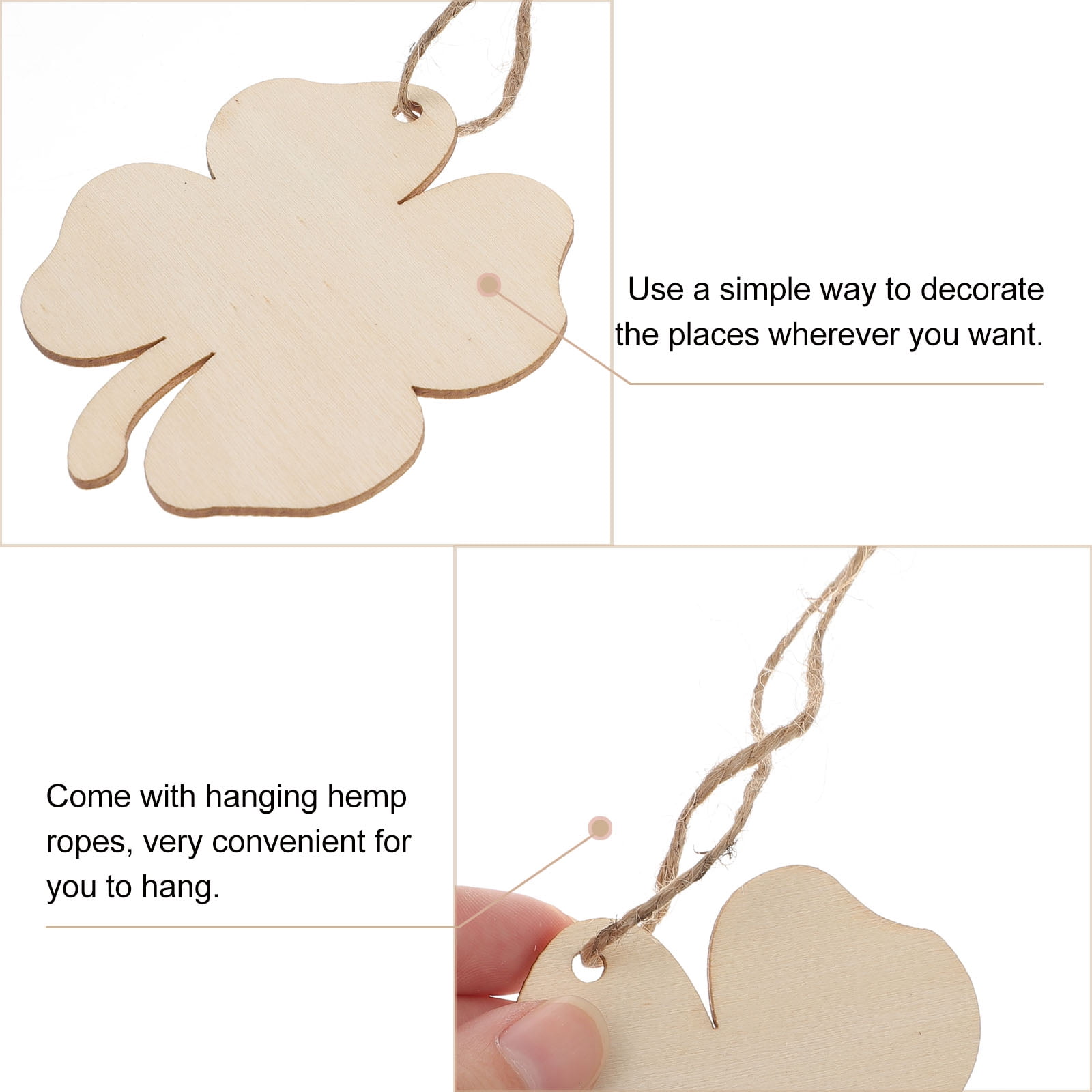 Ortofally 20pcs Four Leaf Ornaments Hanging Decor Unfinished Wooden Ornaments Wooden Shamrock Cutouts Wooden Slices Party Favors for DIY Crafts Beige - Image 7