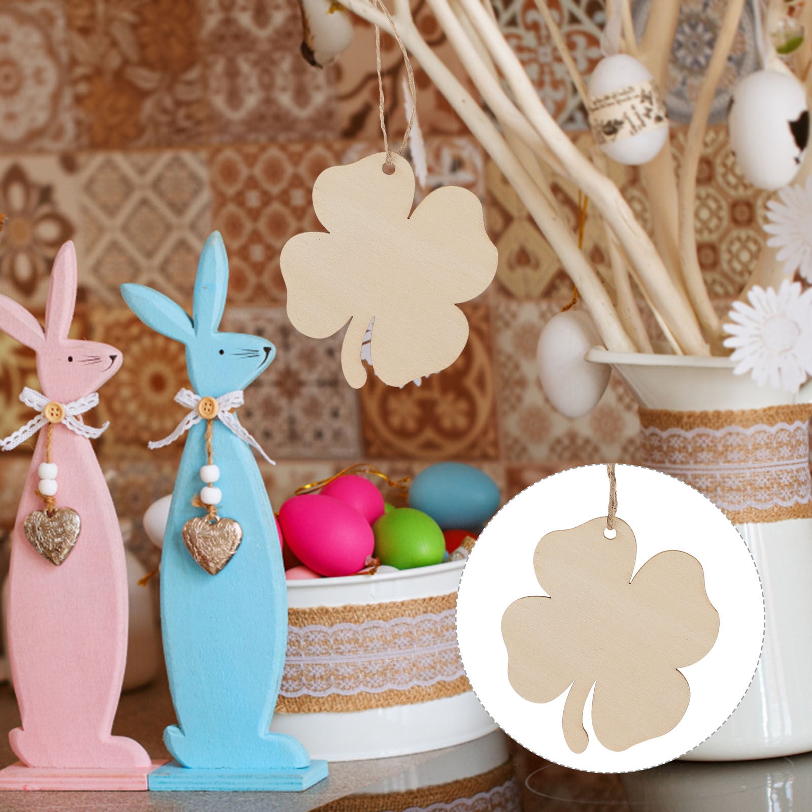 Ortofally 20pcs Four Leaf Ornaments Hanging Decor Unfinished Wooden Ornaments Wooden Shamrock Cutouts Wooden Slices Party Favors for DIY Crafts Beige - Image 8