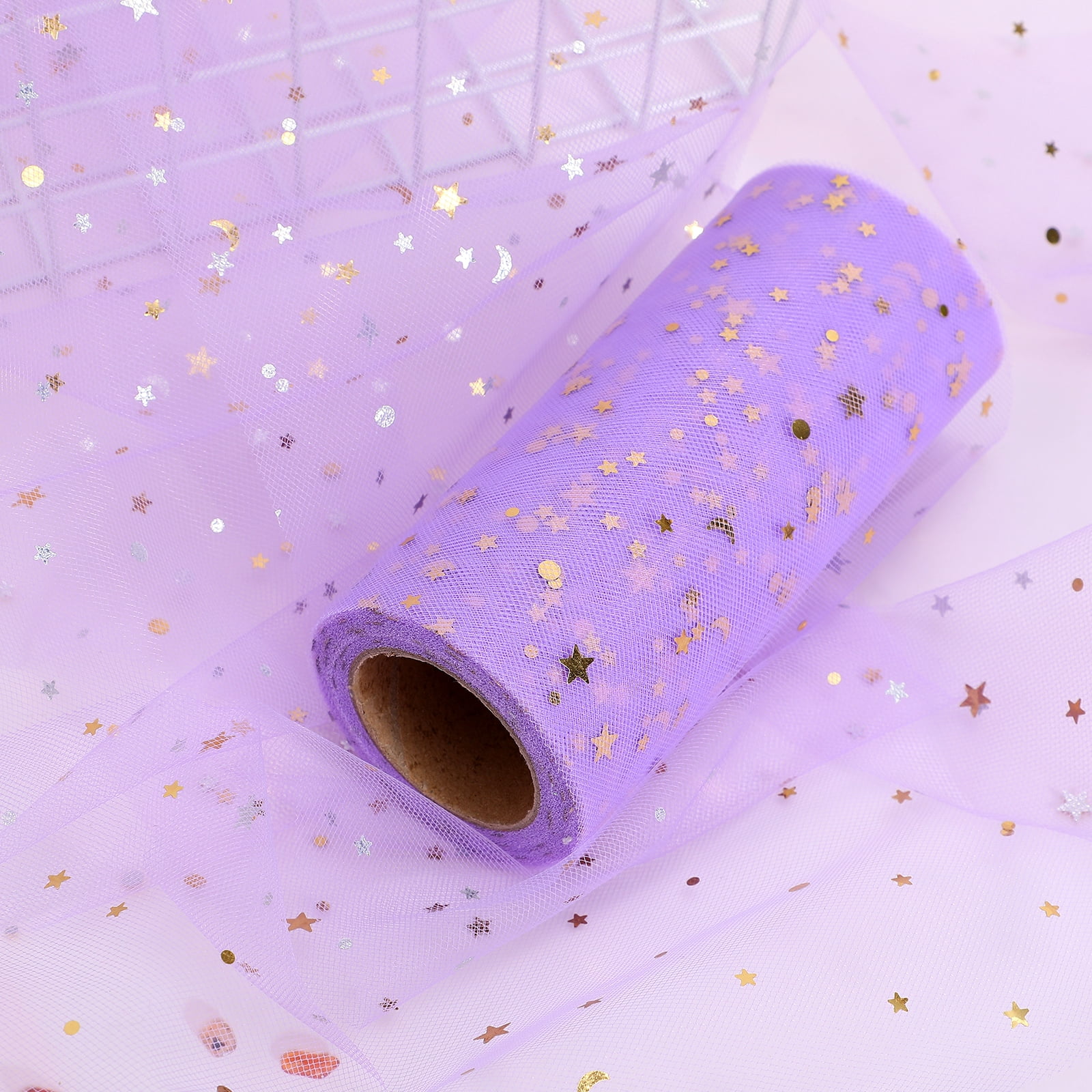 Ortofally Tulle Roll Spool Tulle Fabric Roll with Star Sequins for Wedding Table Tutu Dress Skirt Light Purple 2280x15cm Dark Grey - Image 4