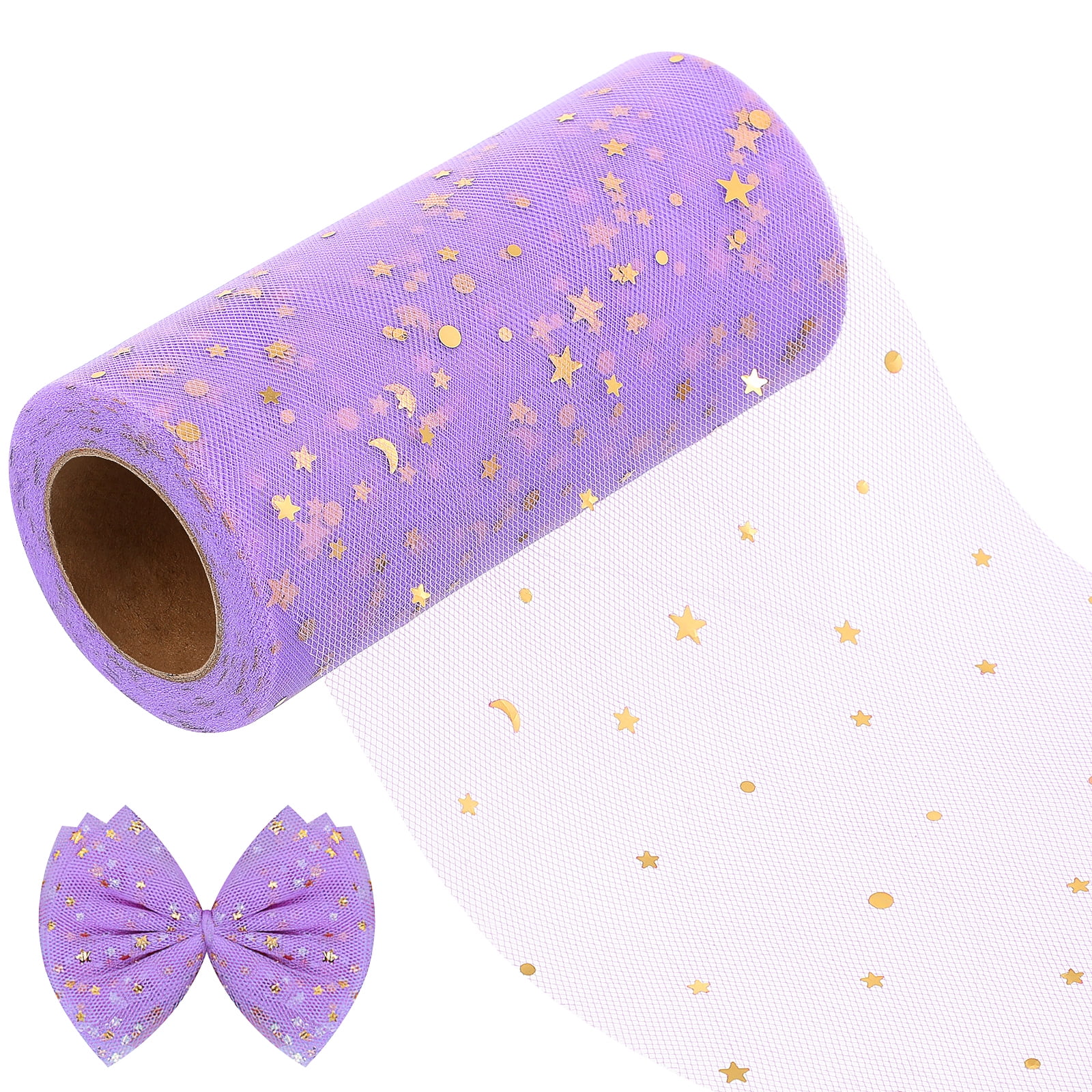 Ortofally Tulle Roll Spool Tulle Fabric Roll with Star Sequins for Wedding Table Tutu Dress Skirt Light Purple 2280x15cm Lavender - Image 1