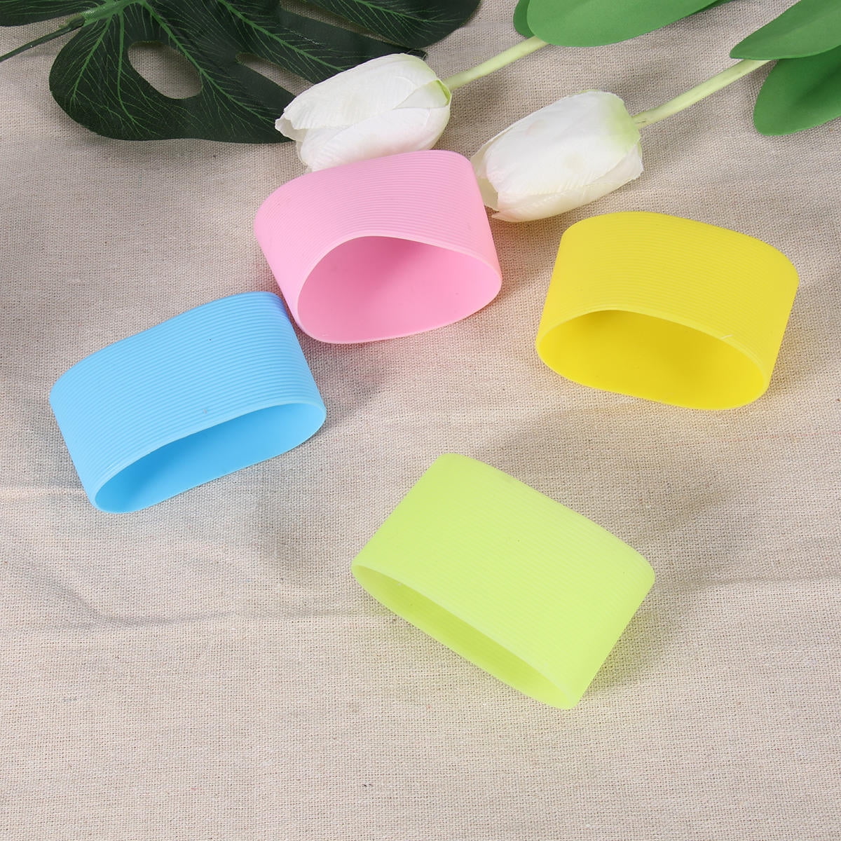 Worgeous 4pcs Silicone Heat resistant Cup Sleeves Non slip Protective Water Glass Covers for Bottles and Mugs (Green Light Blue Pink Yellow) - Image 1