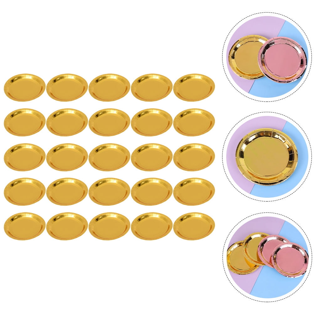 Worgeous 25 Pcs Disposable Paper Tray Birthday Plates Dinner Cute Tableware Cake Golden - Image 1
