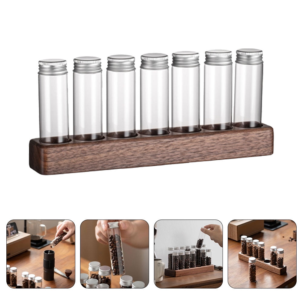 Worgeous Coffee Bean Tube Dispenser with Wood Rack for Home Use Clear Glass Bottles and Sealed Storage 7 Tubes - Image 1