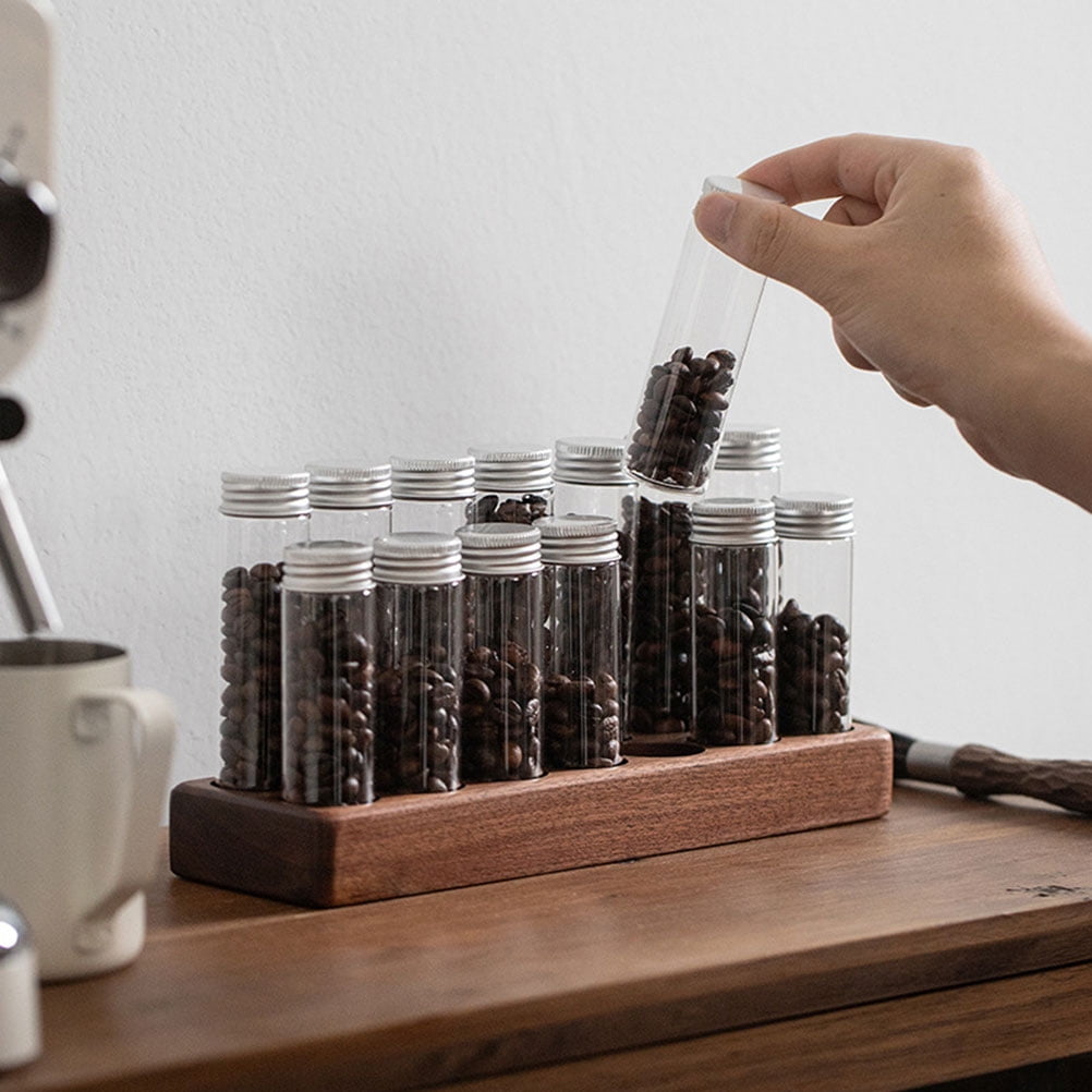 Worgeous Coffee Bean Tube Dispenser with Wood Rack for Home Use Clear Glass Bottles and Sealed Storage 7 Tubes - Image 8