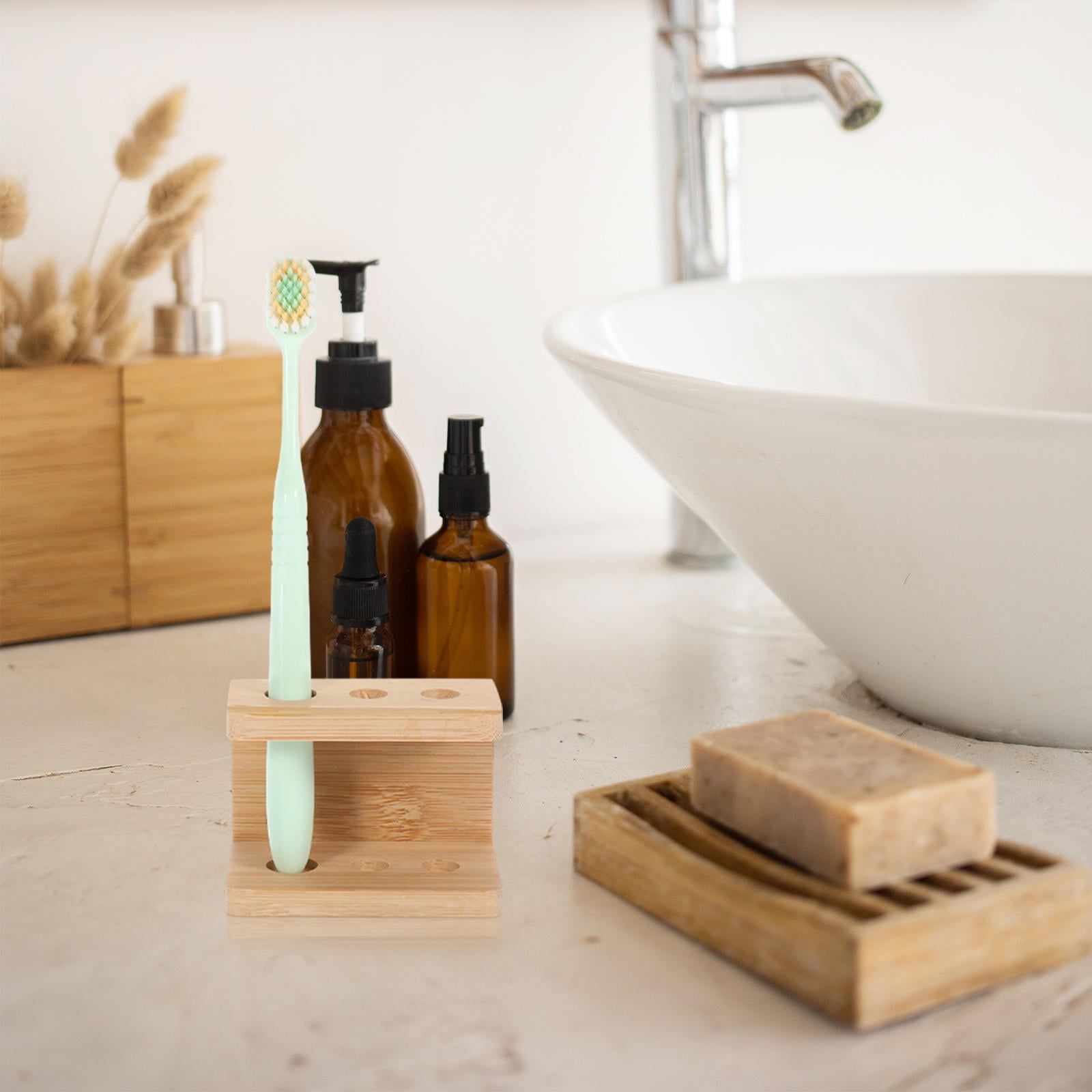 SWETRACE Tooth Brush Organizer Toothbrush Holder Khaki Bamboo 1Set - Image 1