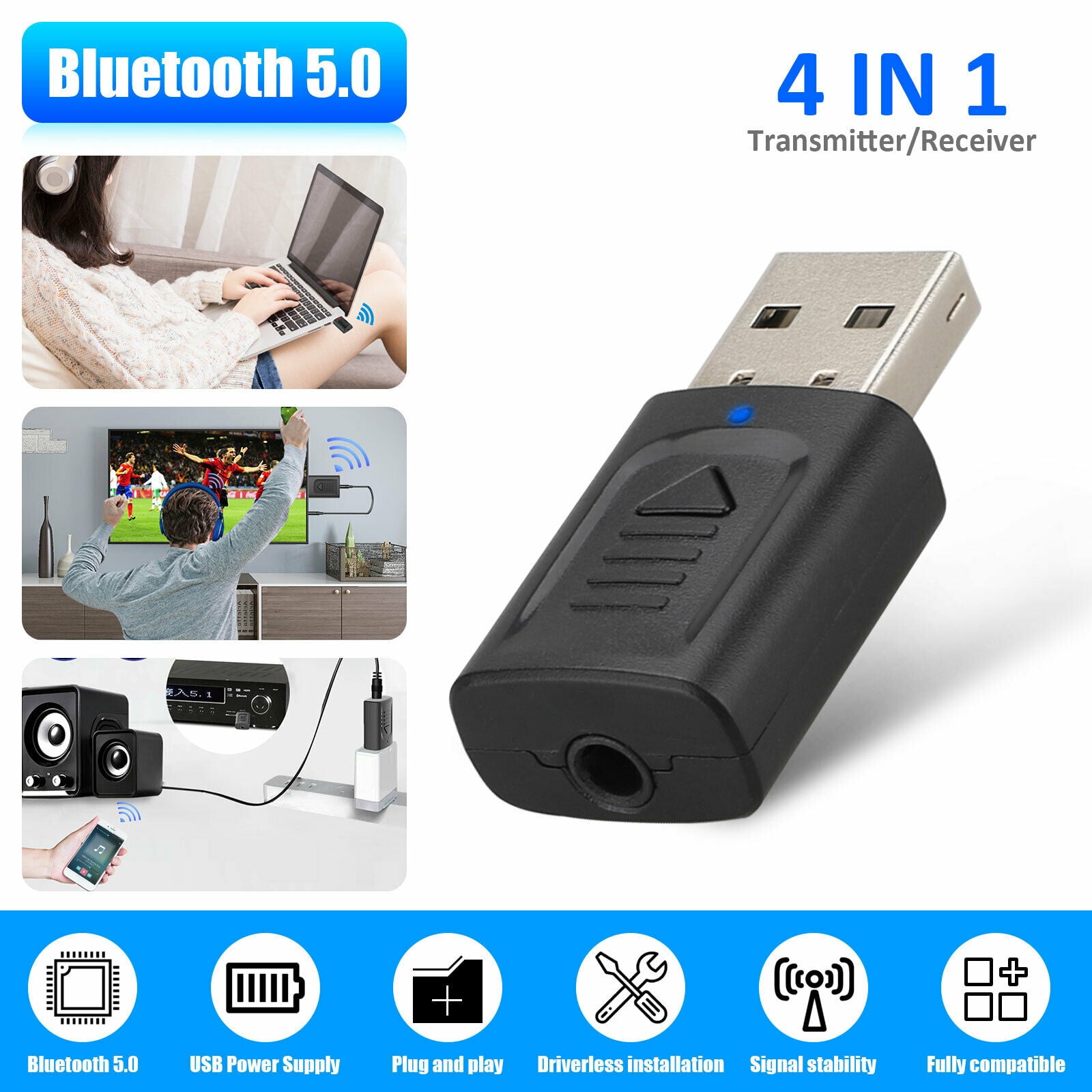 4 IN 1 5.0 Bluetooth Adapter USB Wireless Bluetooth Sender Receiver Music Audio for TV Portable 3.5mm AUX Adaptor - Image 1