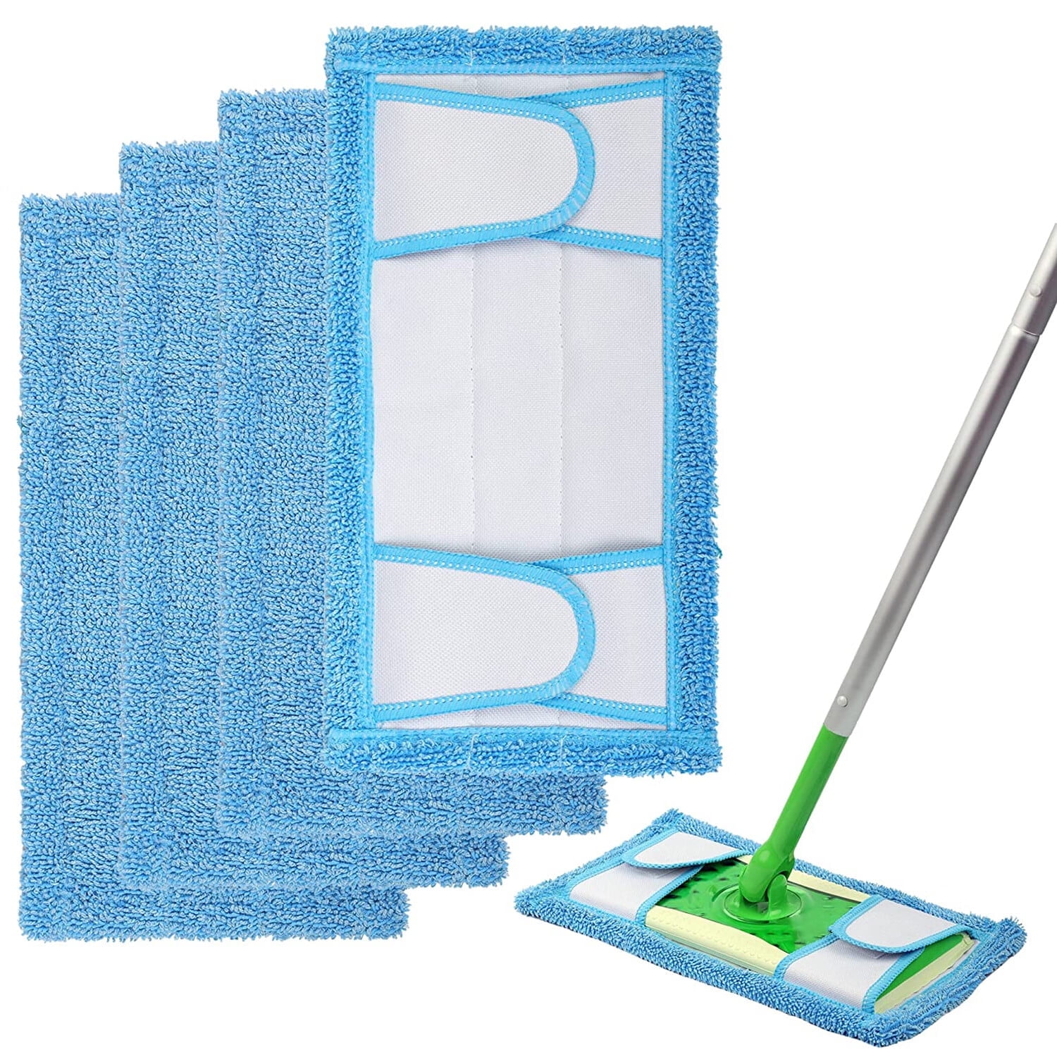 Reusable Microfiber Mop Pads for Swwiffer Sweper & All 10-12 Inch Flat Mop, Upgraded Wet Dry Cleaning Pads for All Hard-Floor, Reusable & Washable Sweeper Refills (4 Pack) Blue - Image 1