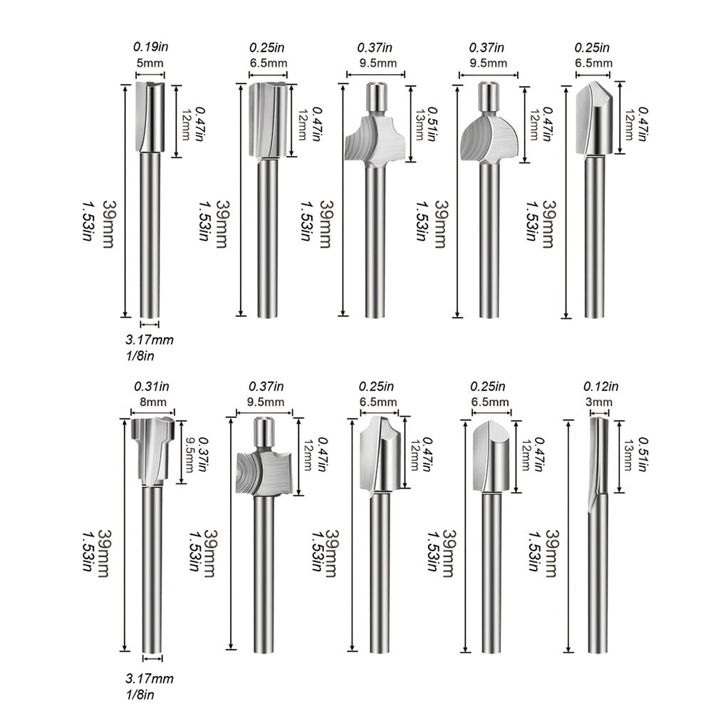 10Pcs Hss Router Bits Wood Cutter Milling Fits Dremel-Rotary Tool Set 1/8