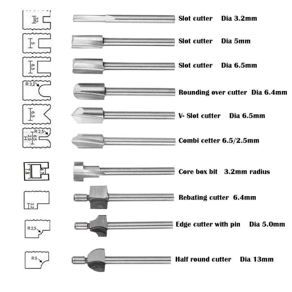 10Pcs Hss Router Bits Wood Cutter Milling Fits Dremel-Rotary Tool Set 1/8