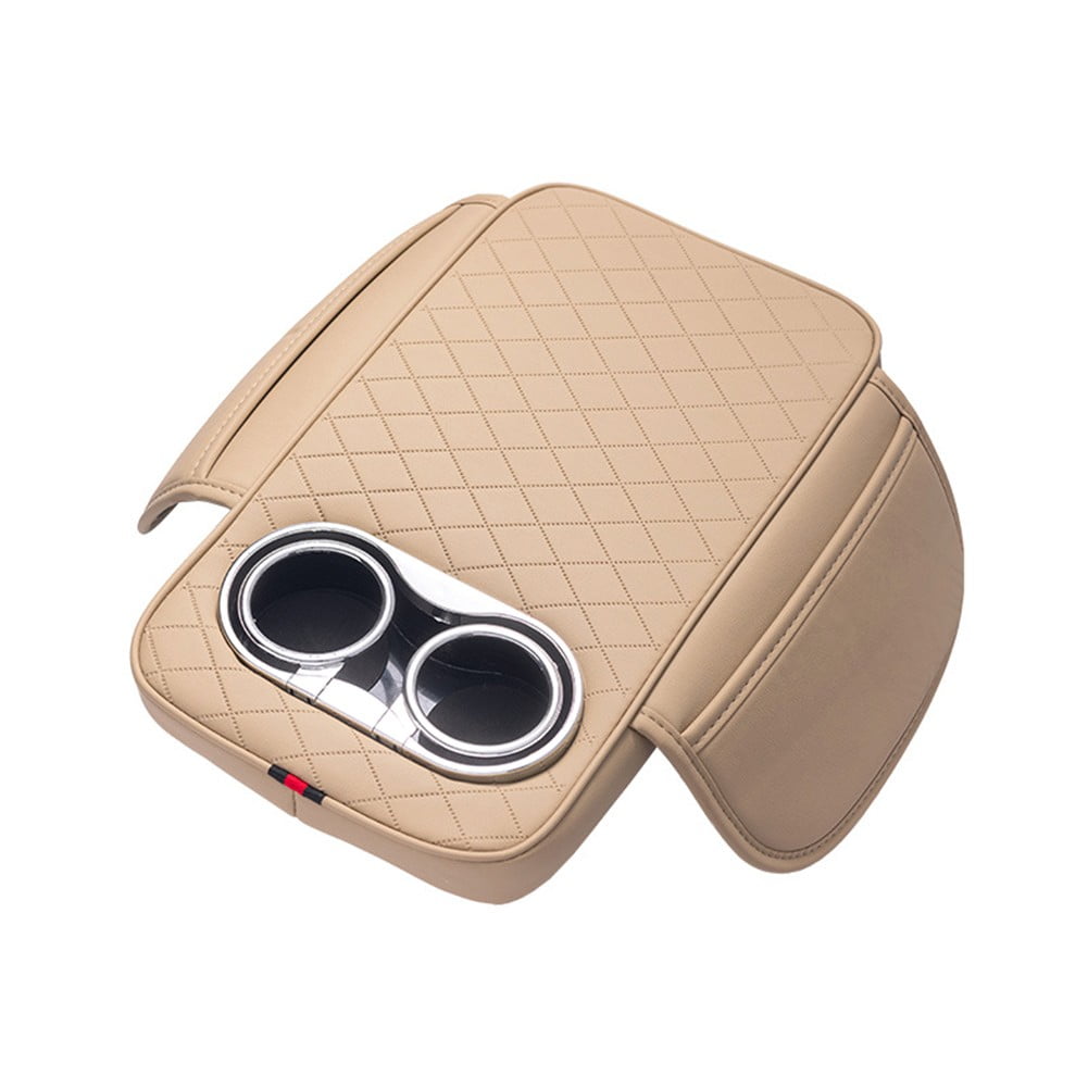 Car Armrest Cushion With 2 Cup Holder And Side Pocket Pu Leather Beige - Image 1