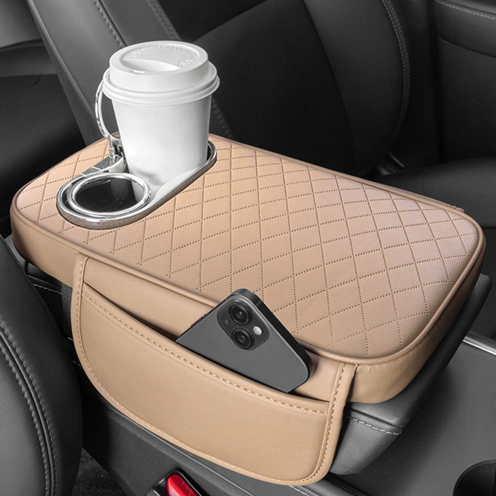 Car Armrest Cushion With 2 Cup Holder And Side Pocket Pu Leather Beige - Image 2