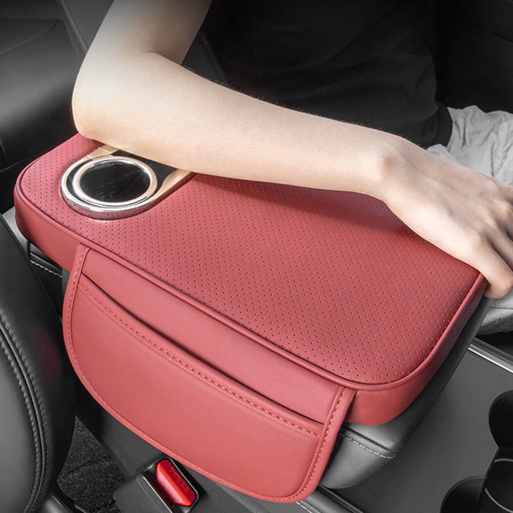 Car Armrest Cushion With 2 Cup Holder And Side Pocket Pu Leather Beige - Image 3